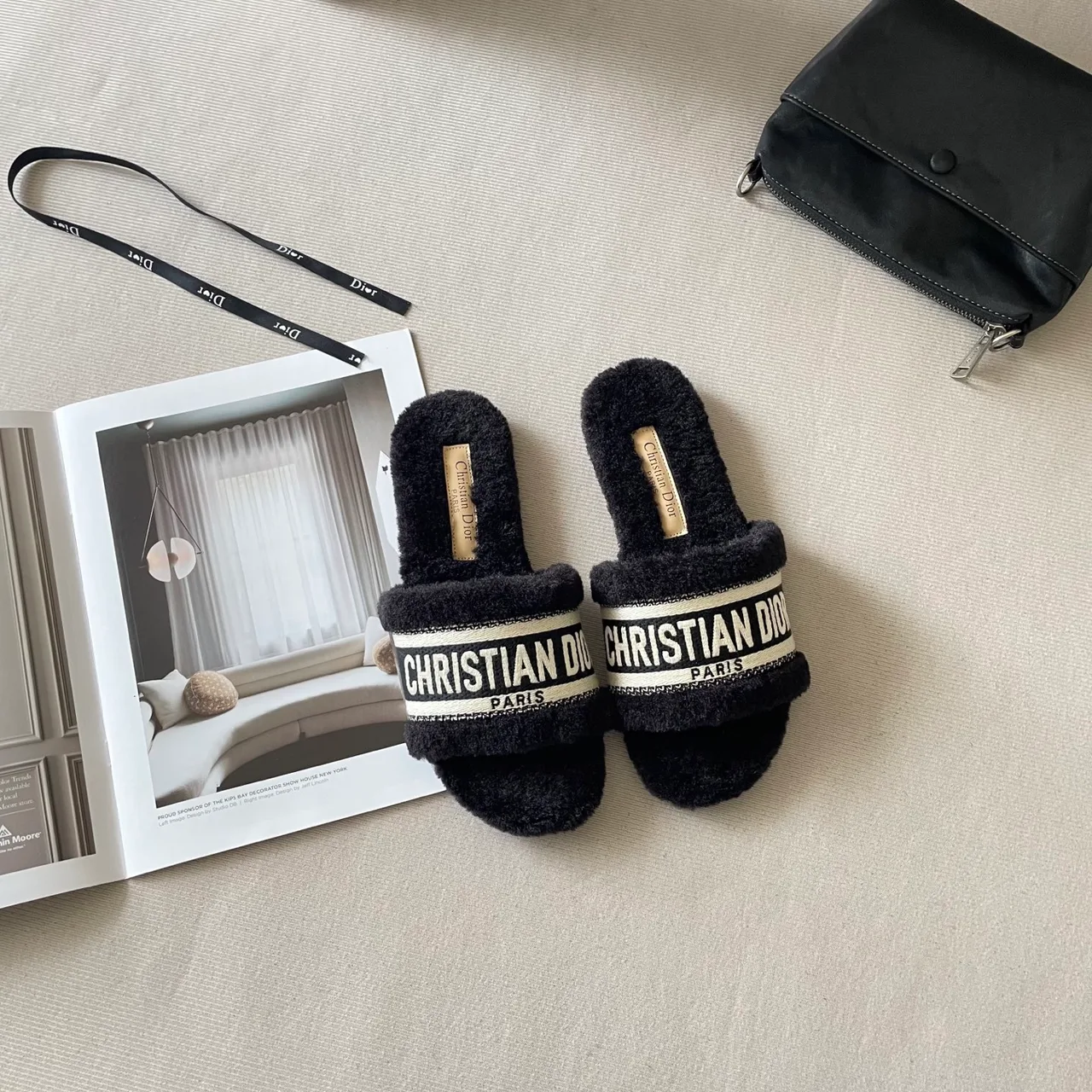 Dior Wool Cashmere Fuzzy Slides in Black · view 5