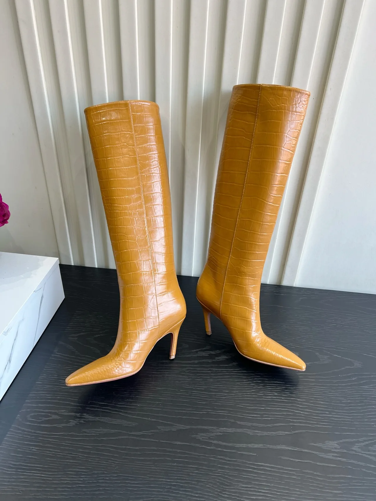 Amina Muaddi Cowhide Glossy Pointed-Toe Knee-High Boots in Tan · view 4