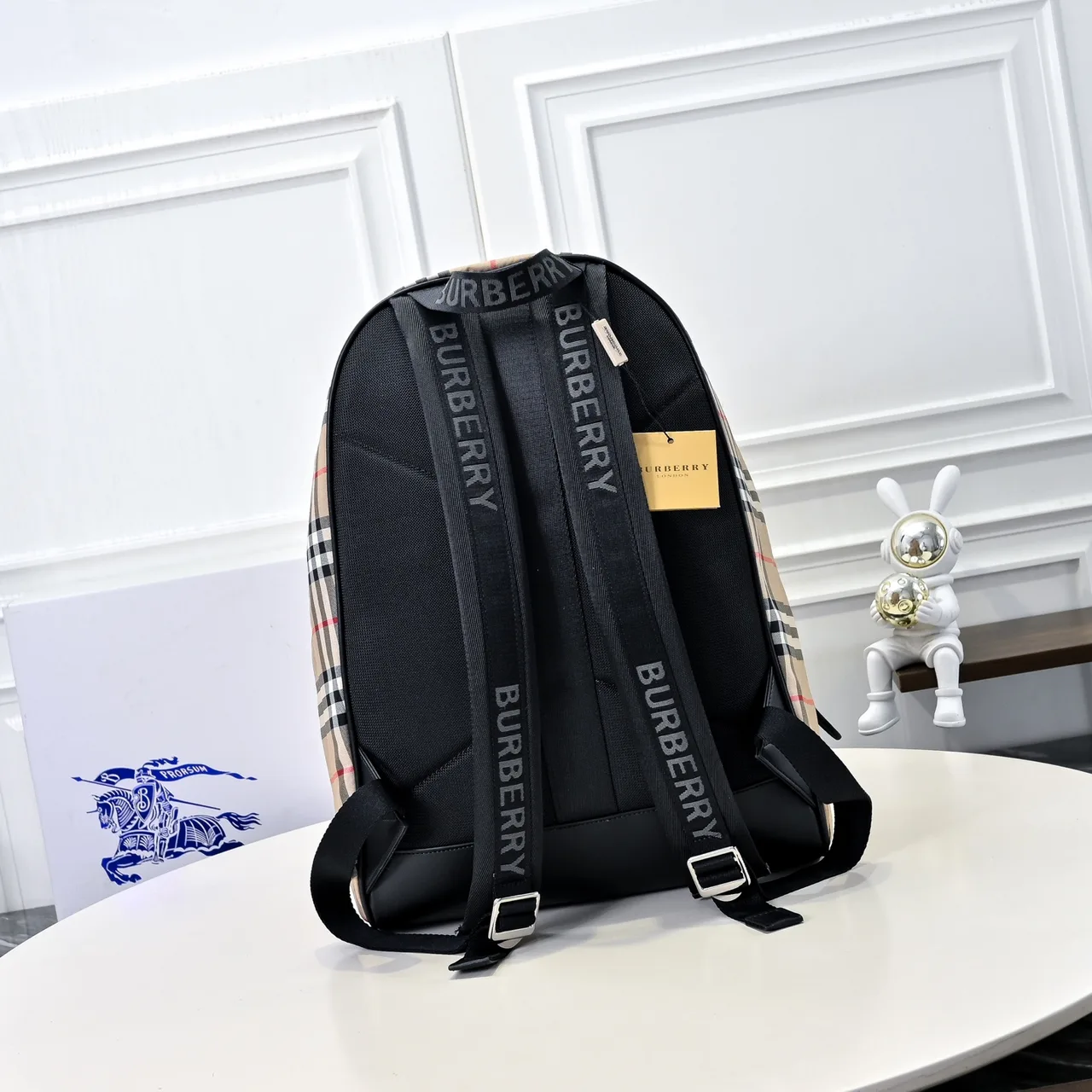 Burberry Embroidered Check Backpack in Beige · view 3