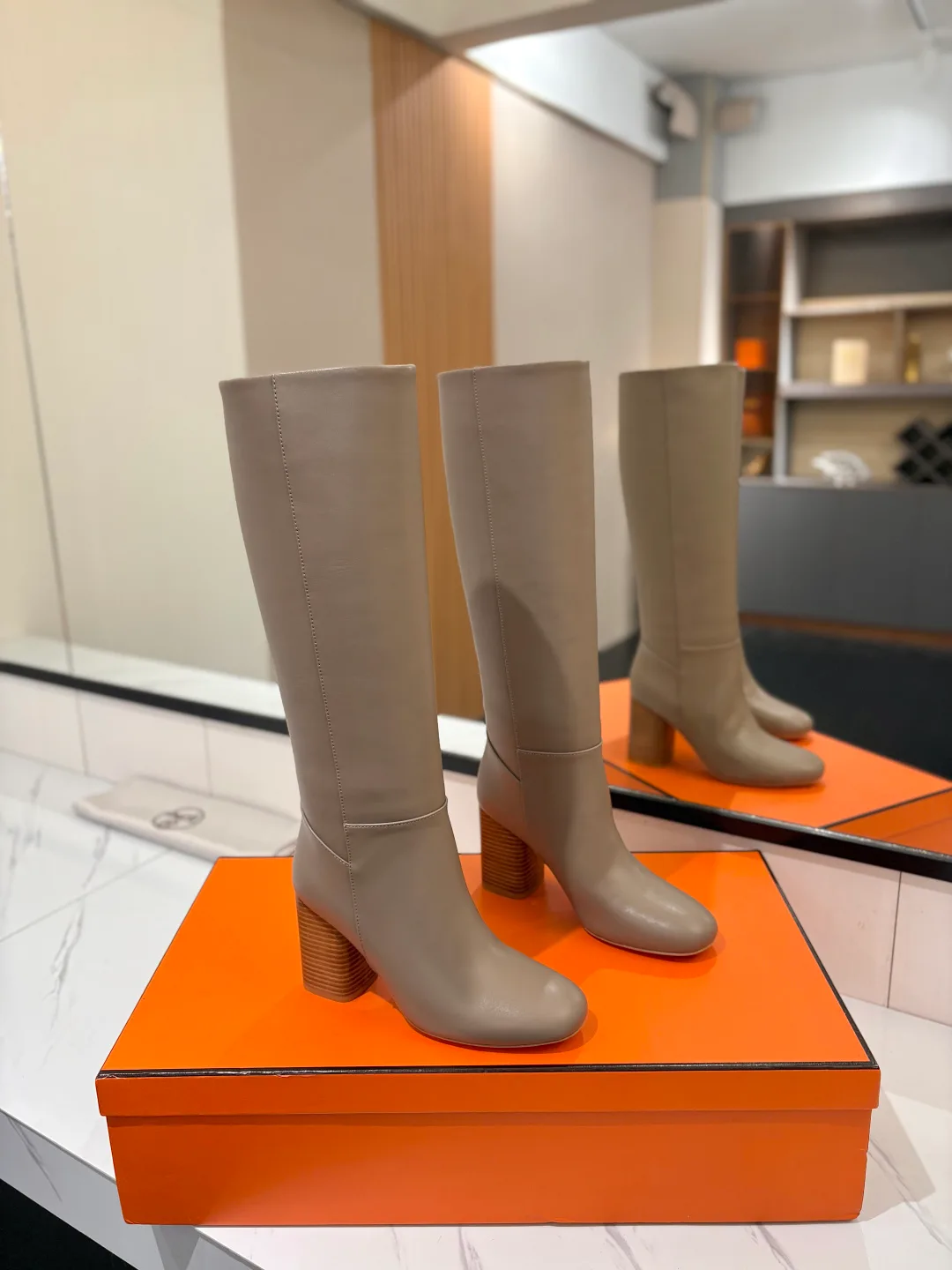 Hermes Cowhide Knee-High Boots in Grey · view 1