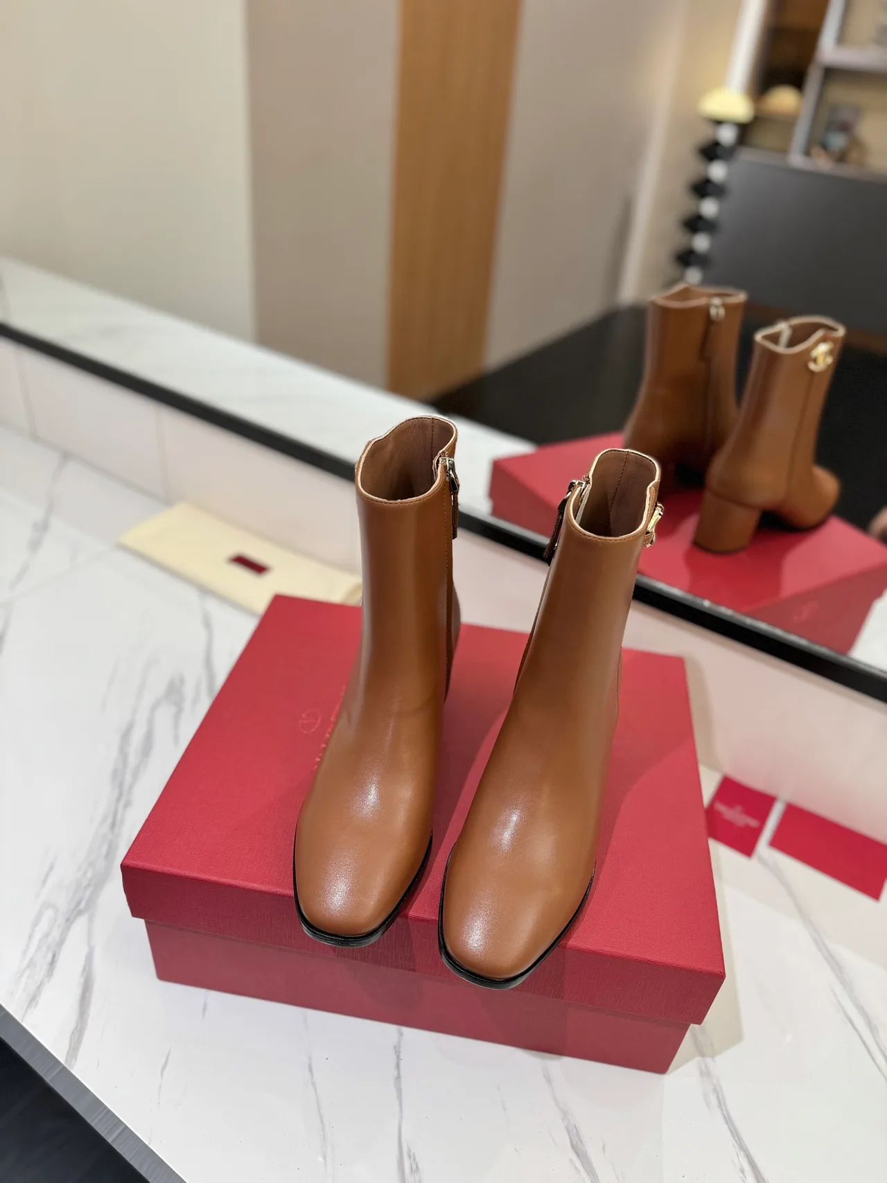 Valentino Calfskin Glossy Round-Toe Ankle Boots in Tan · view 3