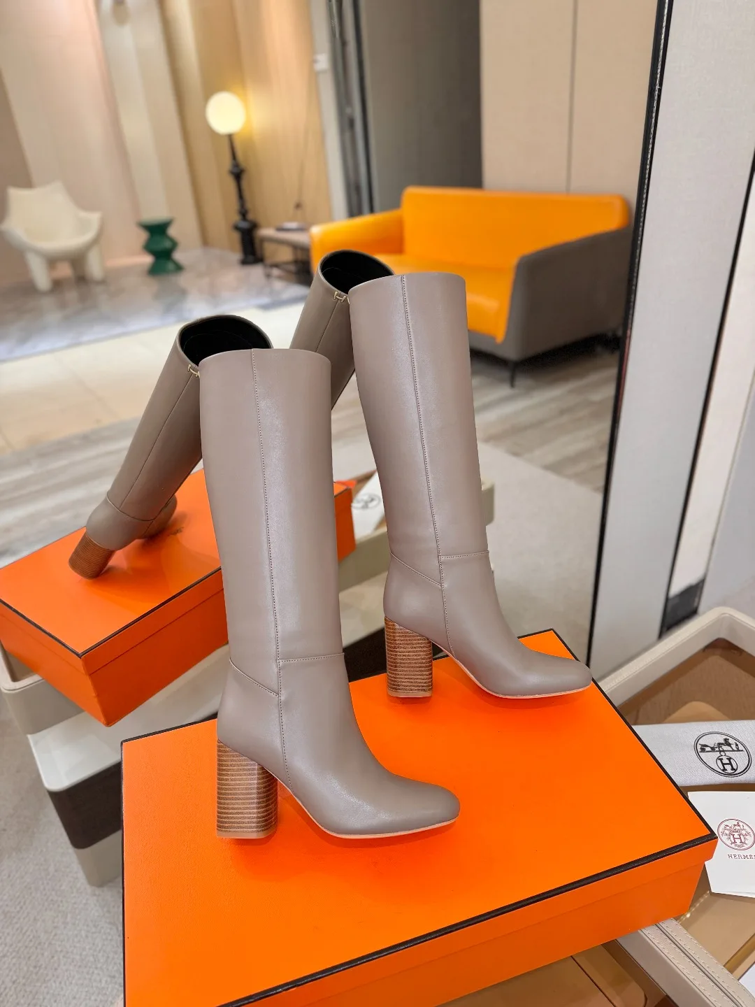 Hermes Cowhide Knee-High Boots in Grey · view 6