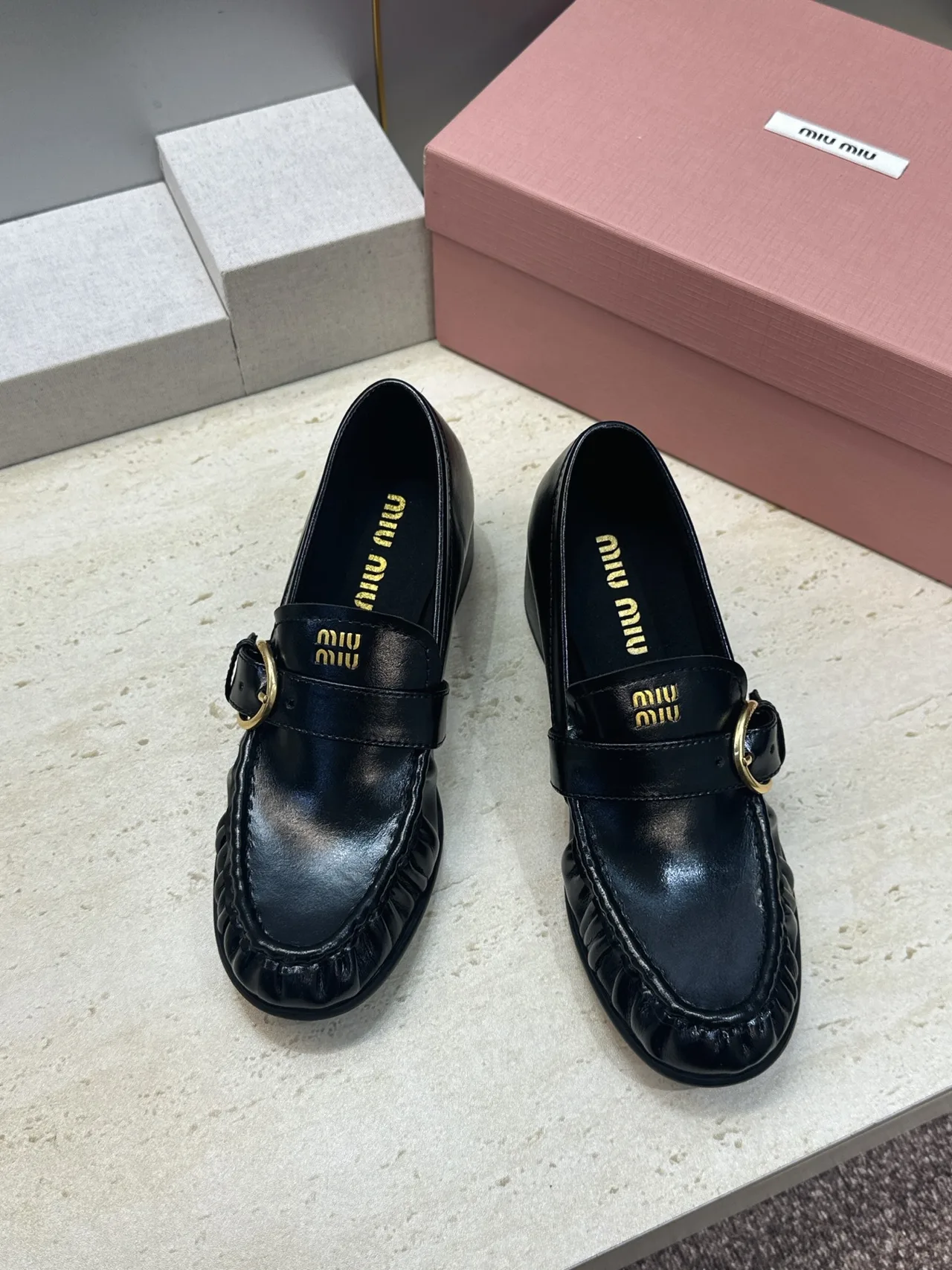 Miu Miu Cowhide Sheepskin Square-Toe Buckle Heeled Loafers in Black · view 2
