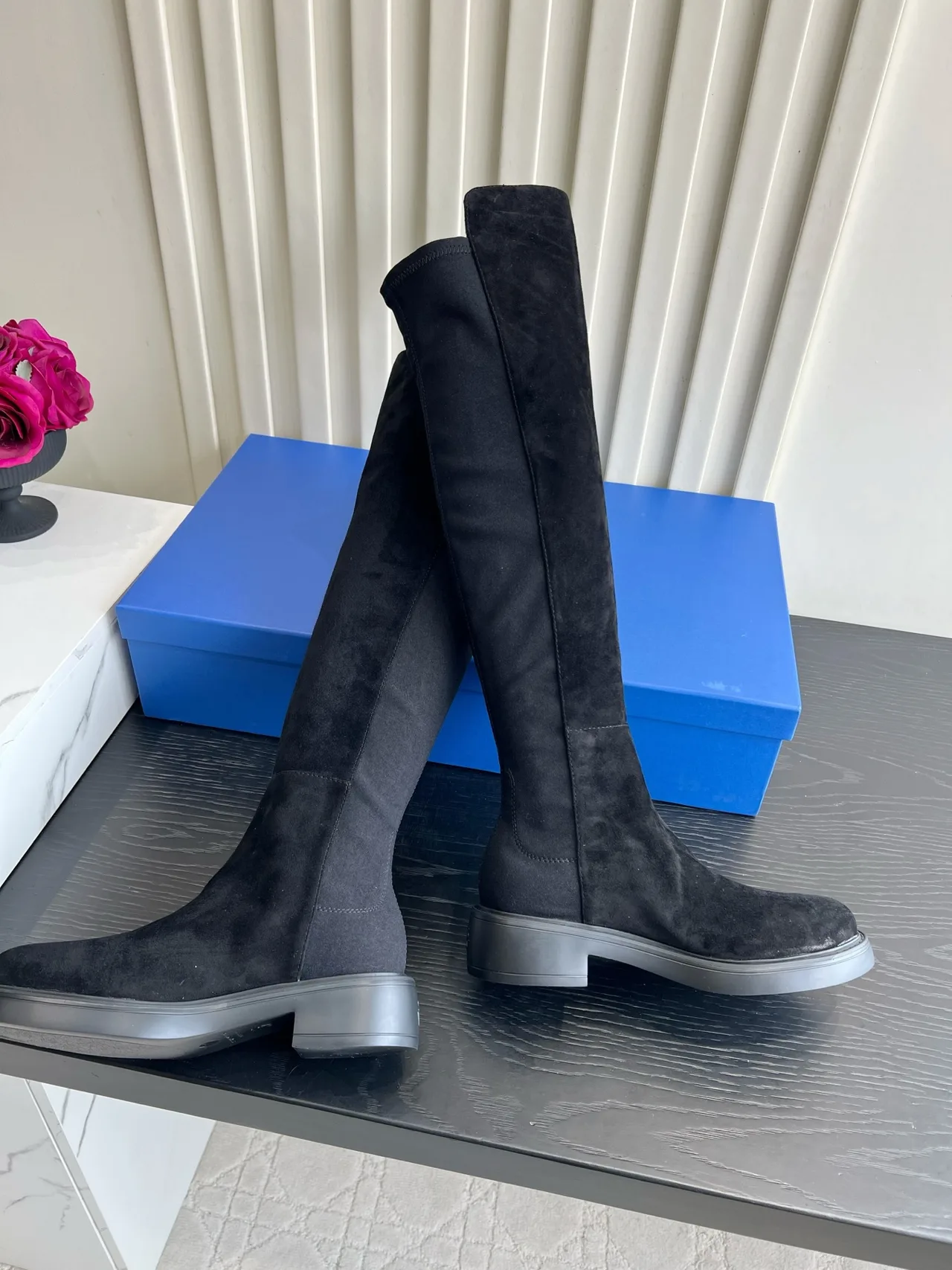 Stuart Weitzman Sheepskin Suede-Look Round-Toe Over-the-Knee Boots in Black · view 2
