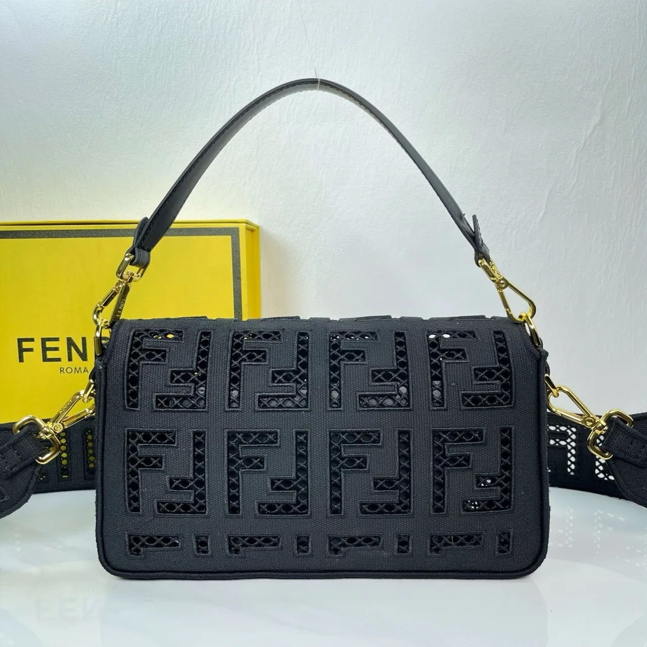 Fendi Canvas Cutout FF-Pattern Flap Shoulder Bag in Black · view 3
