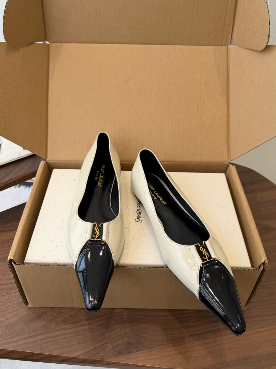 Saint Laurent Sheepskin Pointed-Toe Flats in Cream · view 4