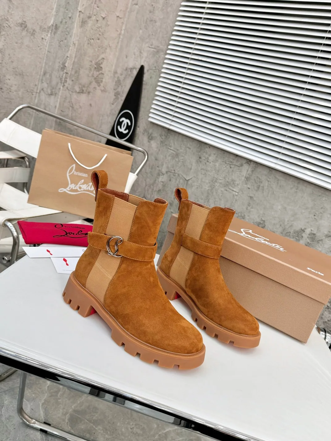 Christian Louboutin Buckle Chelsea Boots in Black & Brown · view 3