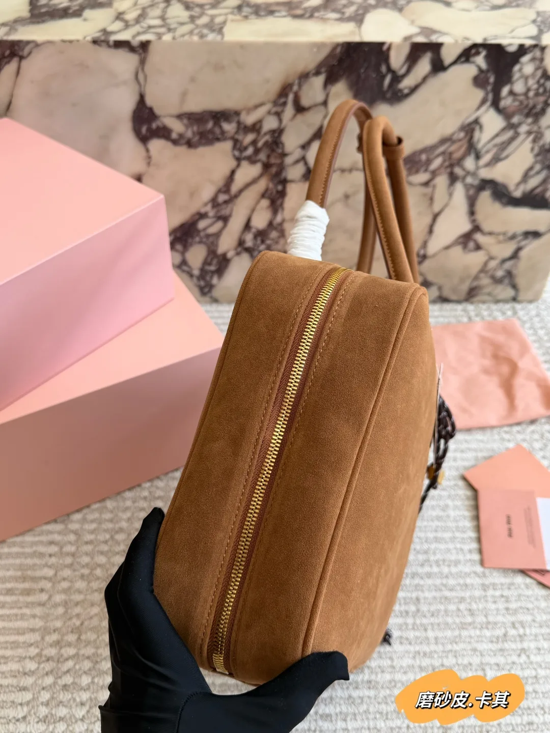 Miu Miu Suede-Look Top-Handle Zip Bag in Brown · view 5