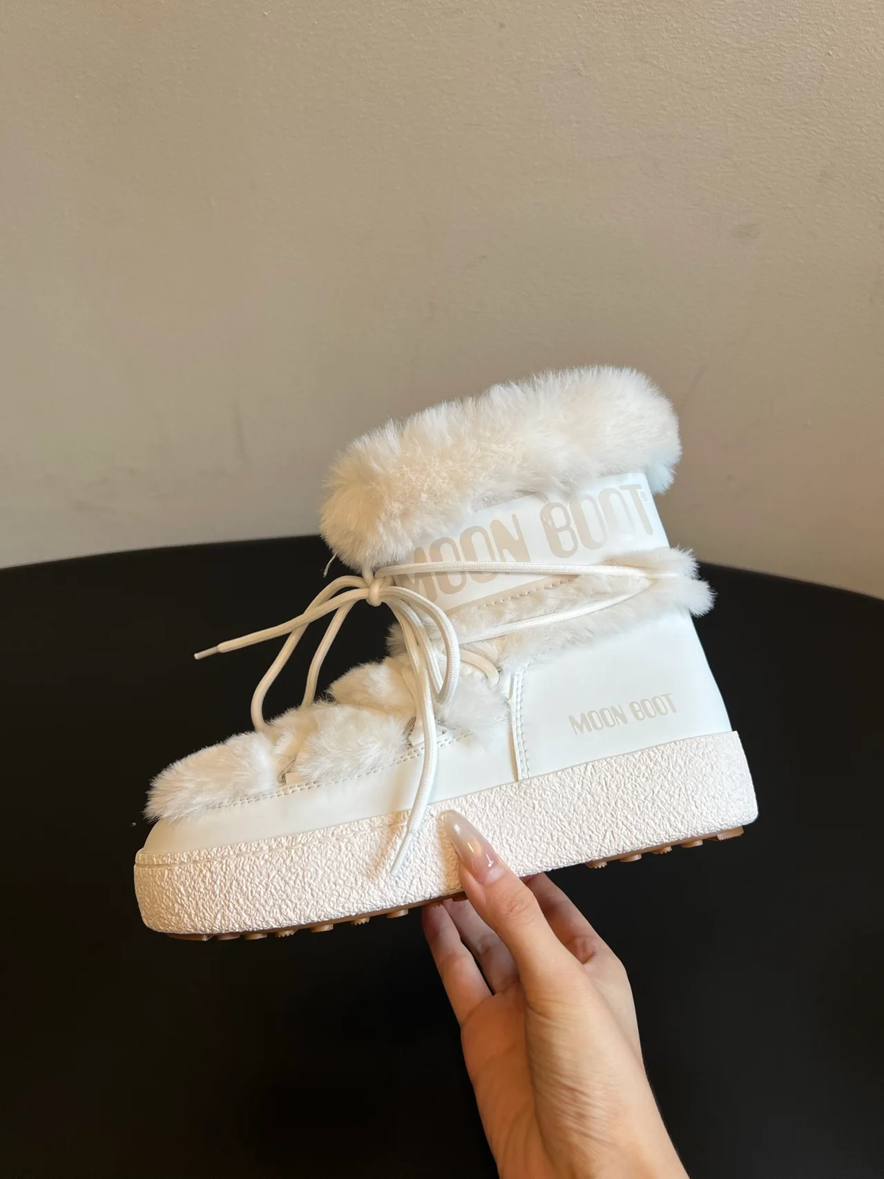 Moon Boot Cowhide Smooth Lace-Up Fleece Snow Boots in Cream · view 5