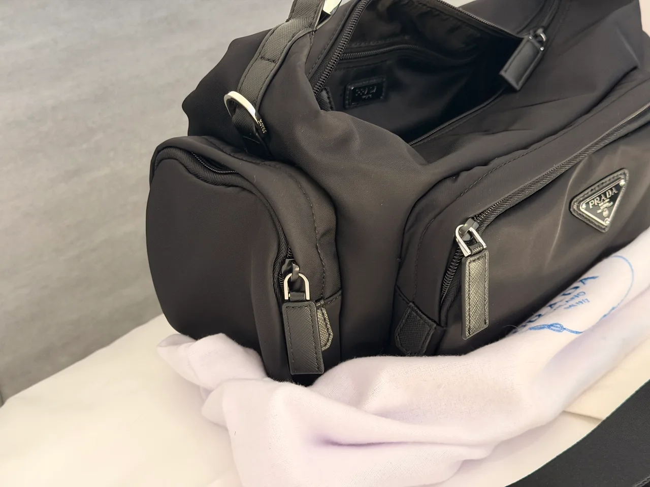 Prada Nylon Smooth Pillow Duffel Bag in Black · view 3