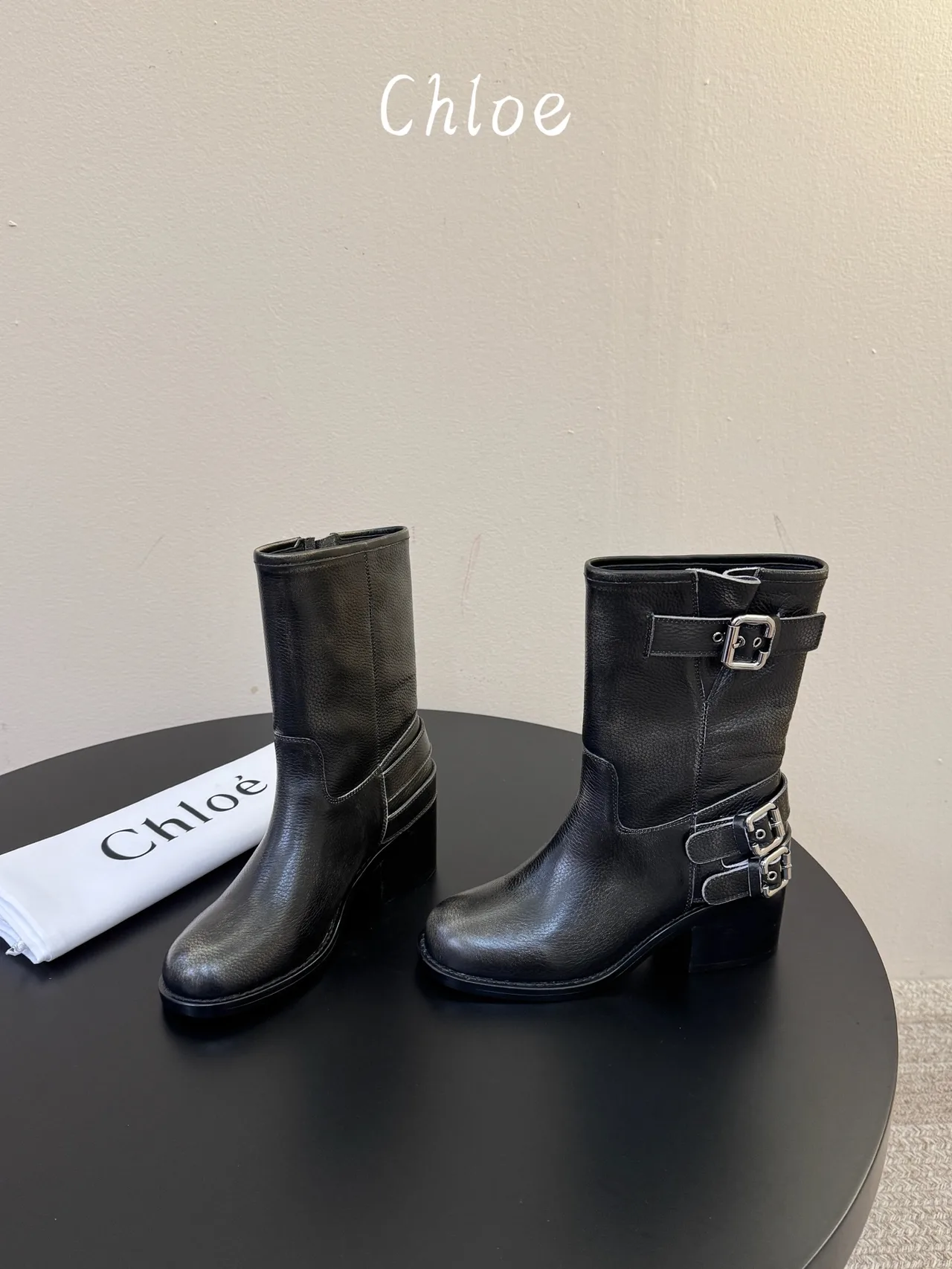 Chloe Cowhide Glossy Round-Toe Ankle Boots in Black · view 3