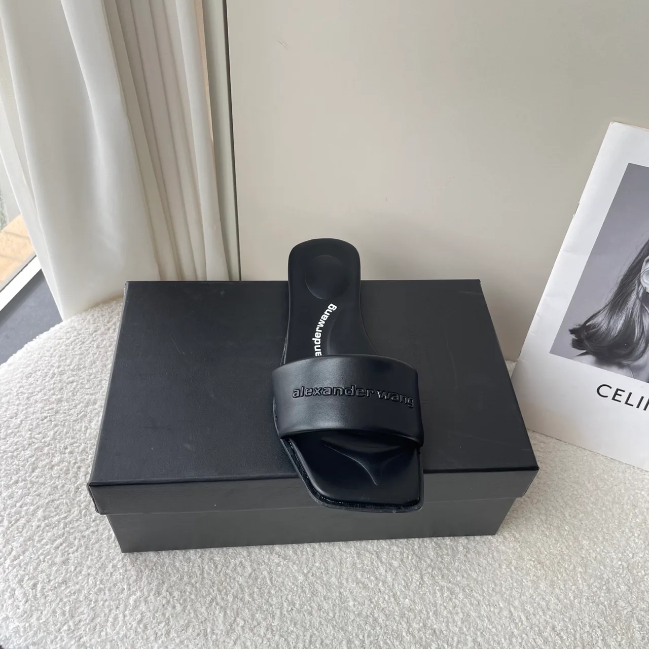 Alexander Wang Denim Logo Slide Sandals in Black · view 4