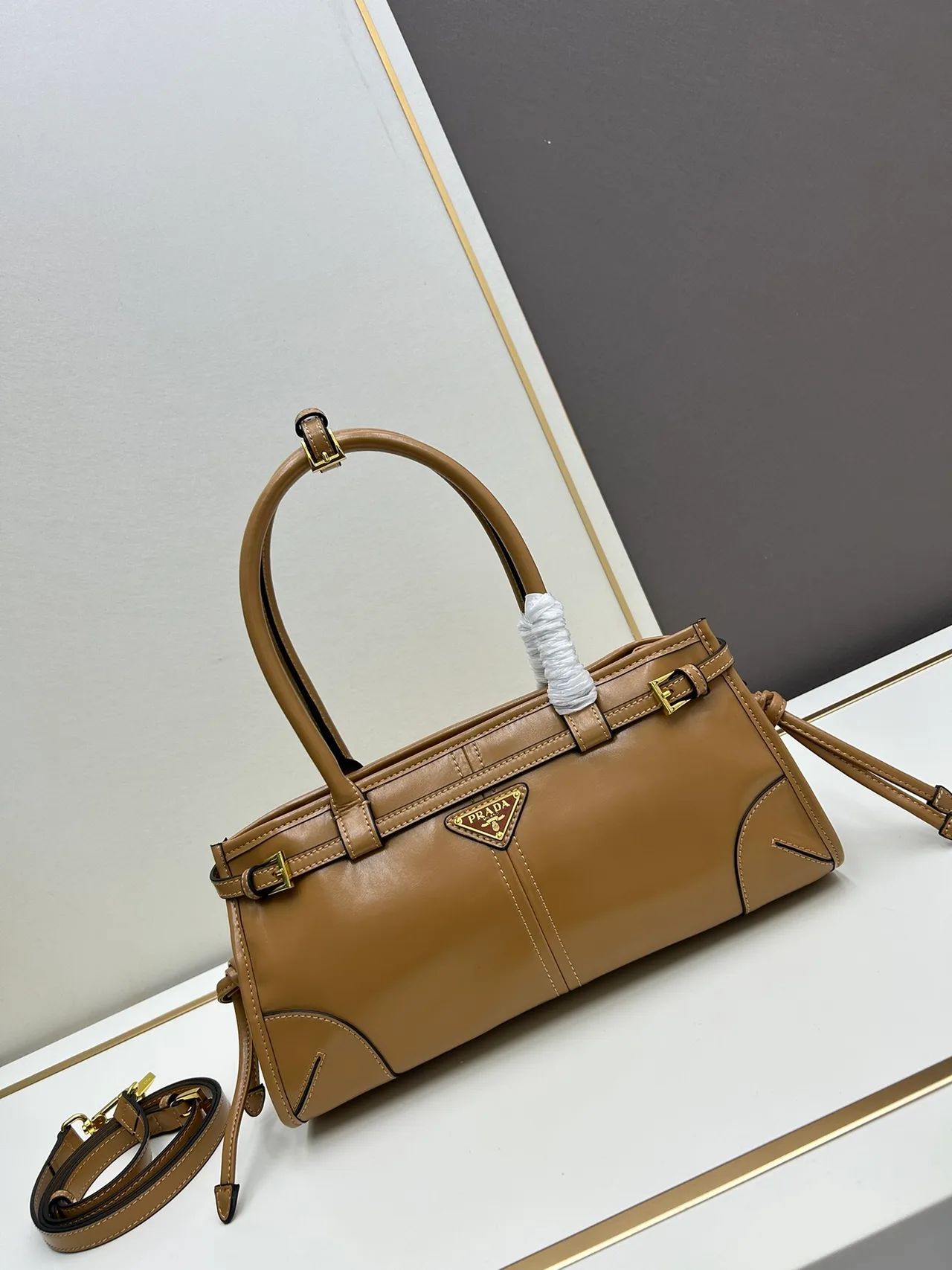 Prada Smooth Top-Handle Bag in Tan · view 1