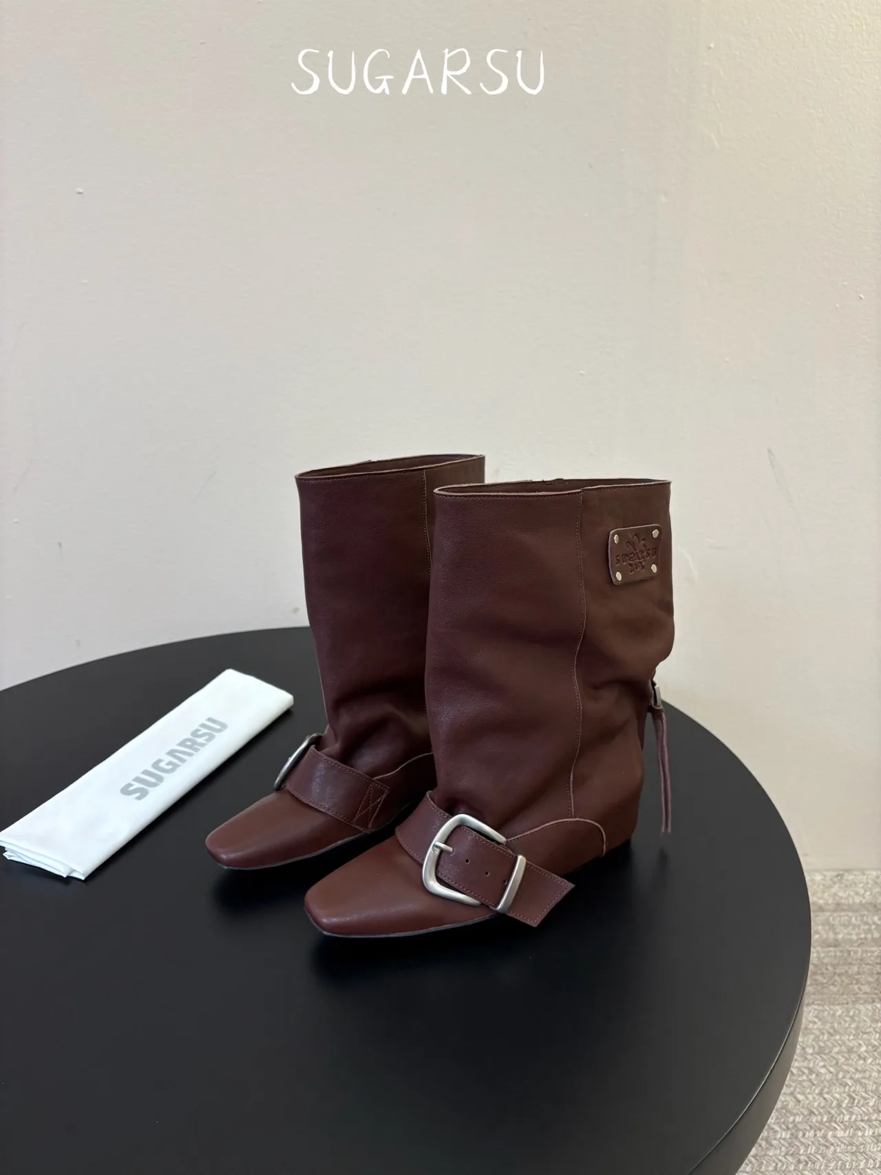 Sugar Su Sheepskin Smooth Square-Toe Buckle Mid-Calf Boots in Brown · view 5