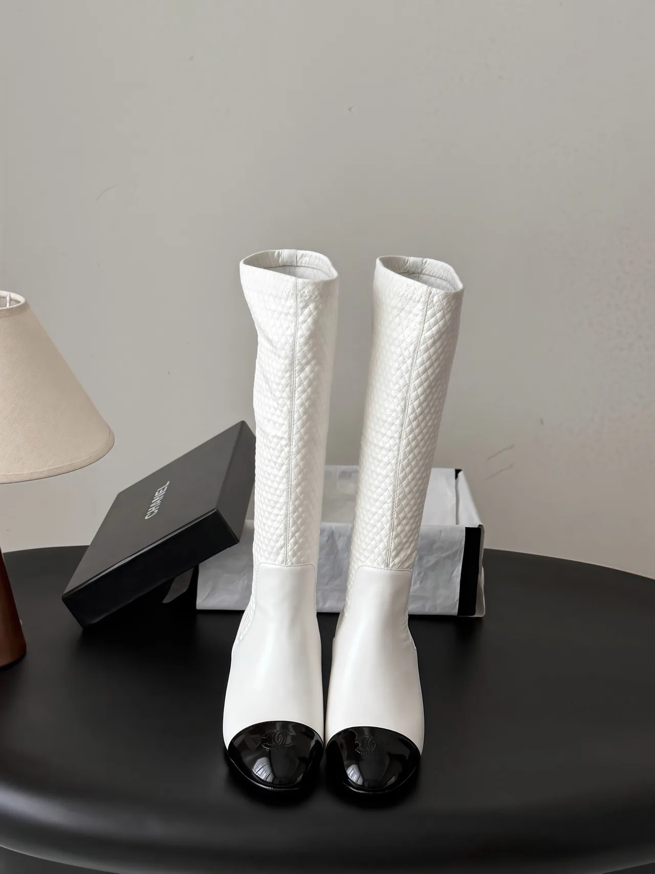 Chanel Cowhide Glossy Pointed-Toe Knee-High Boots in White · view 1
