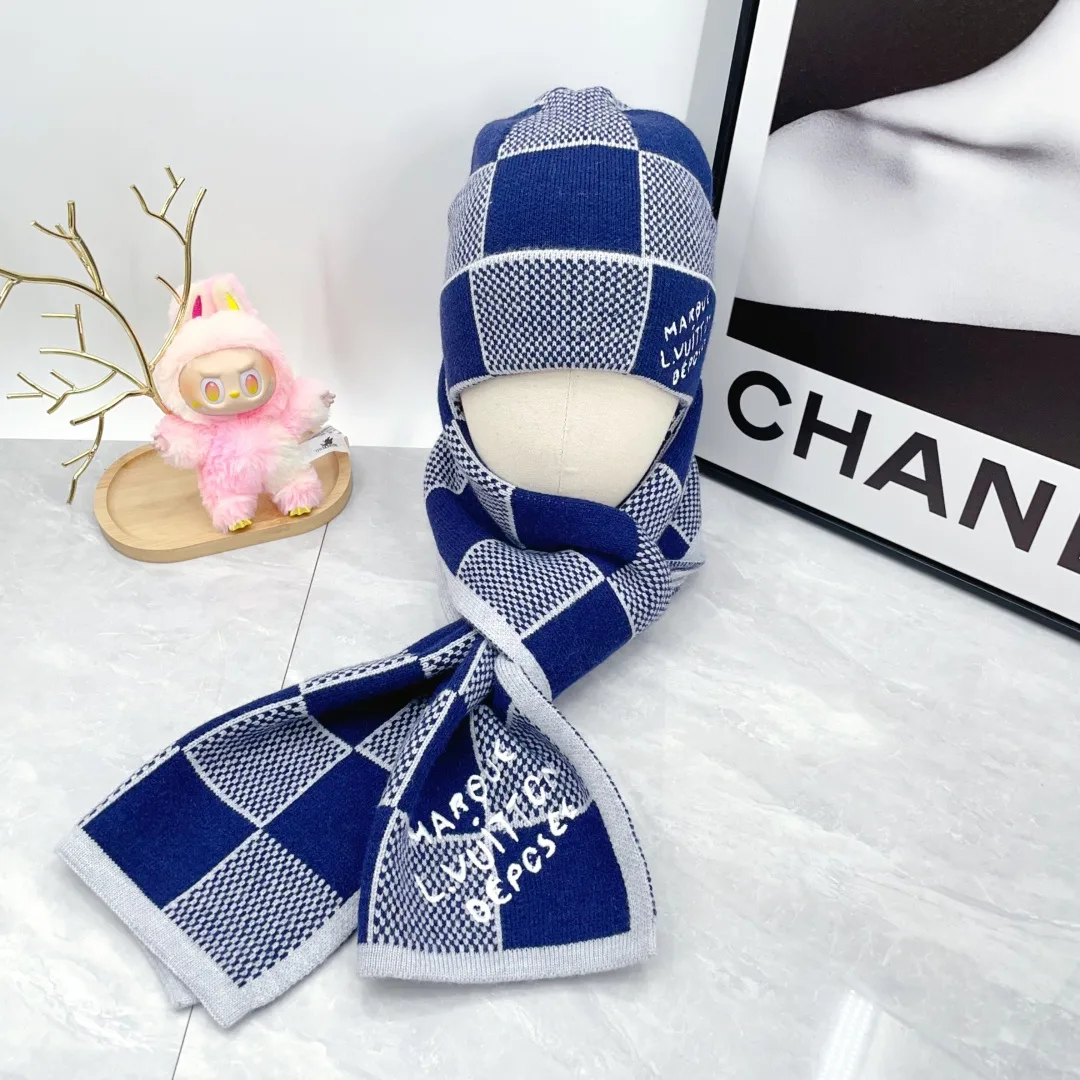 Louis Vuitton Wool Cashmere Embroidered Check Beanie and Scarf Set in Blue · view 1