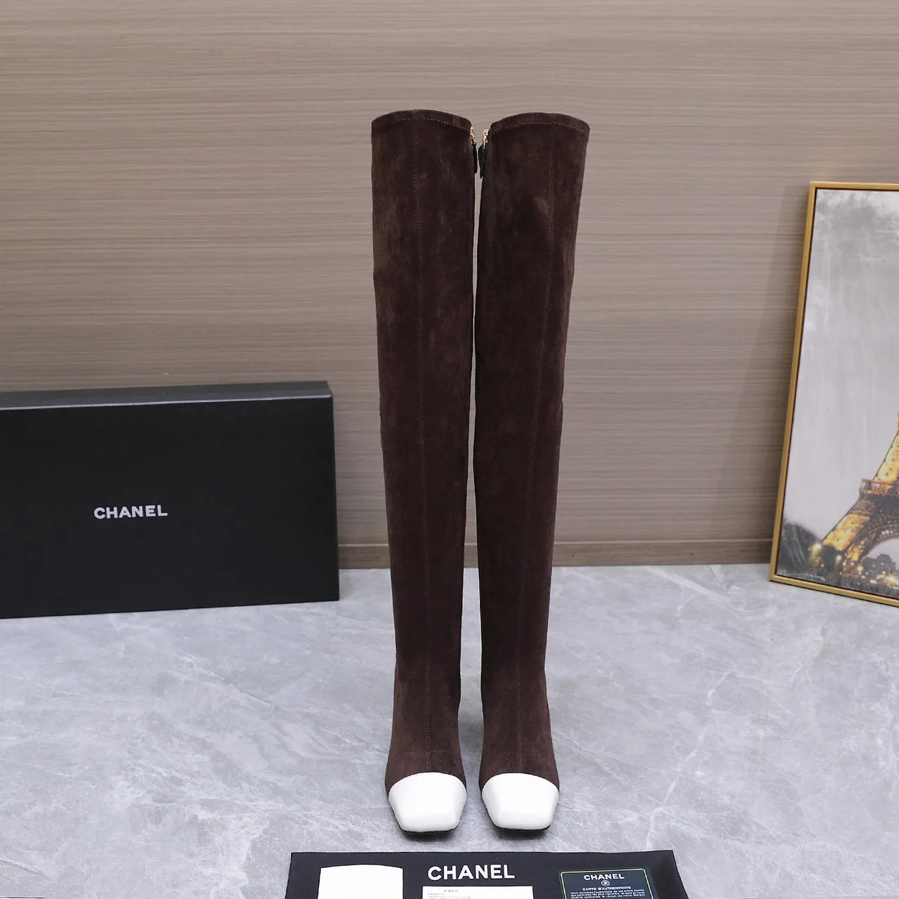Chanel Cowhide Toe-Cap Knee Boots in Brown · view 3