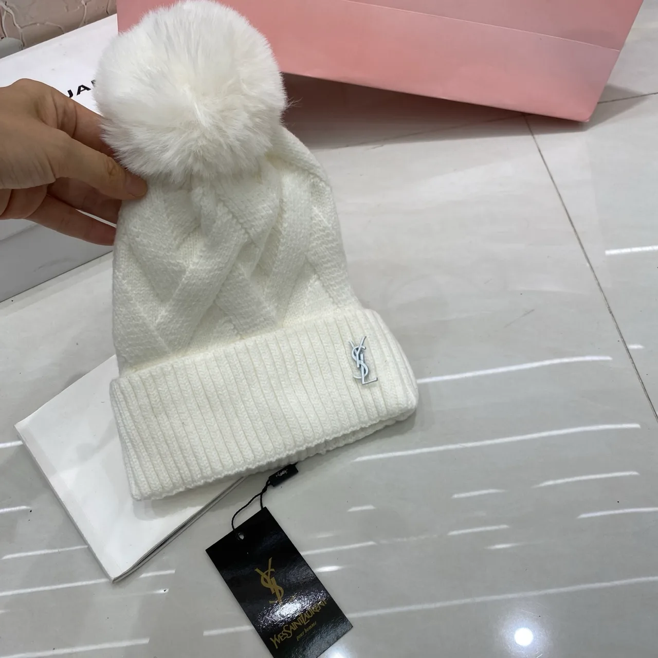 Saint Laurent Cable Pom Beanie in Black & White & Beige & Brown & Pink & Grey & Red · view 2