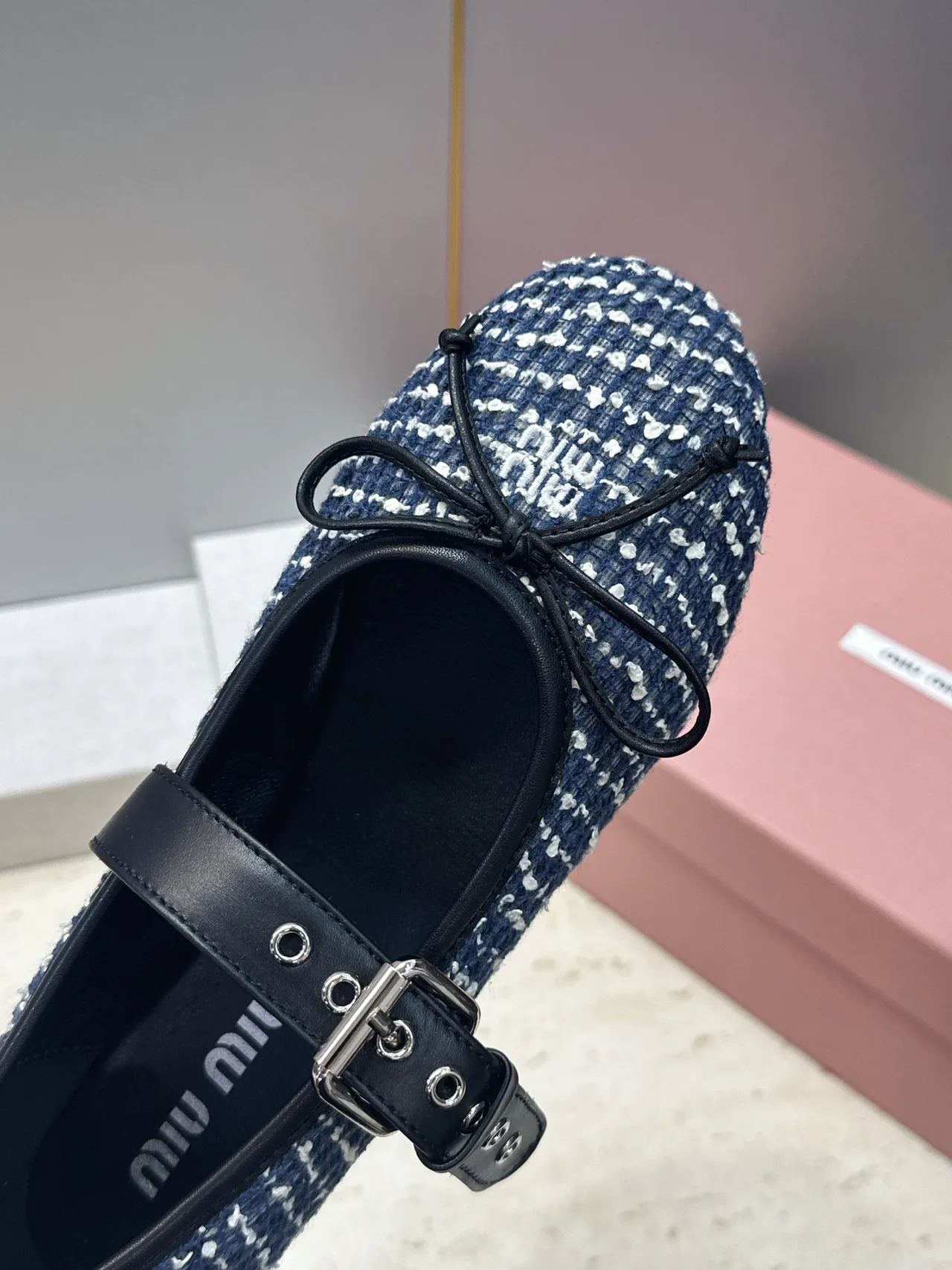 Miu Miu Calfskin Round-Toe Mary Jane Flats in Blue · view 7