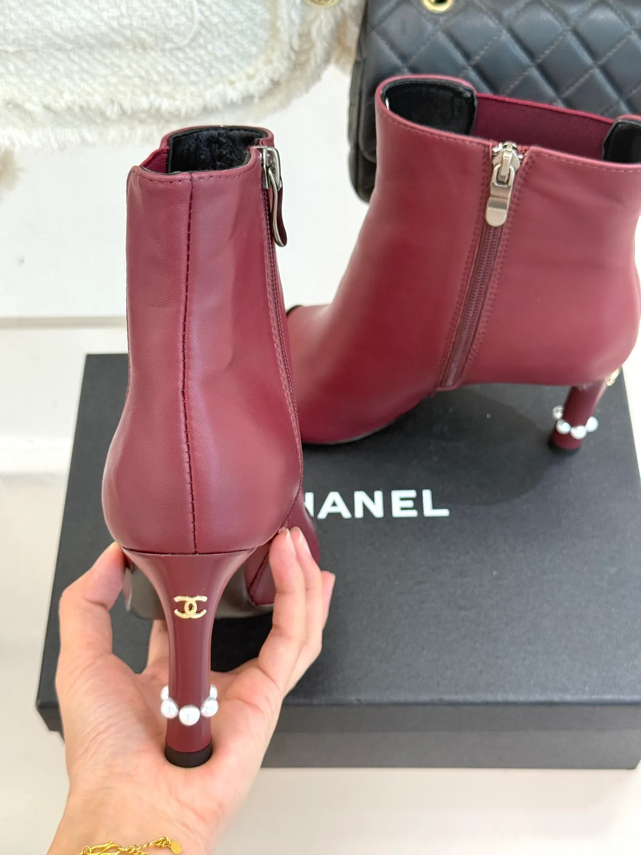Chanel Lambskin Glossy Pointed-Toe Round-Toe Ankle Boots in Burgundy · view 8