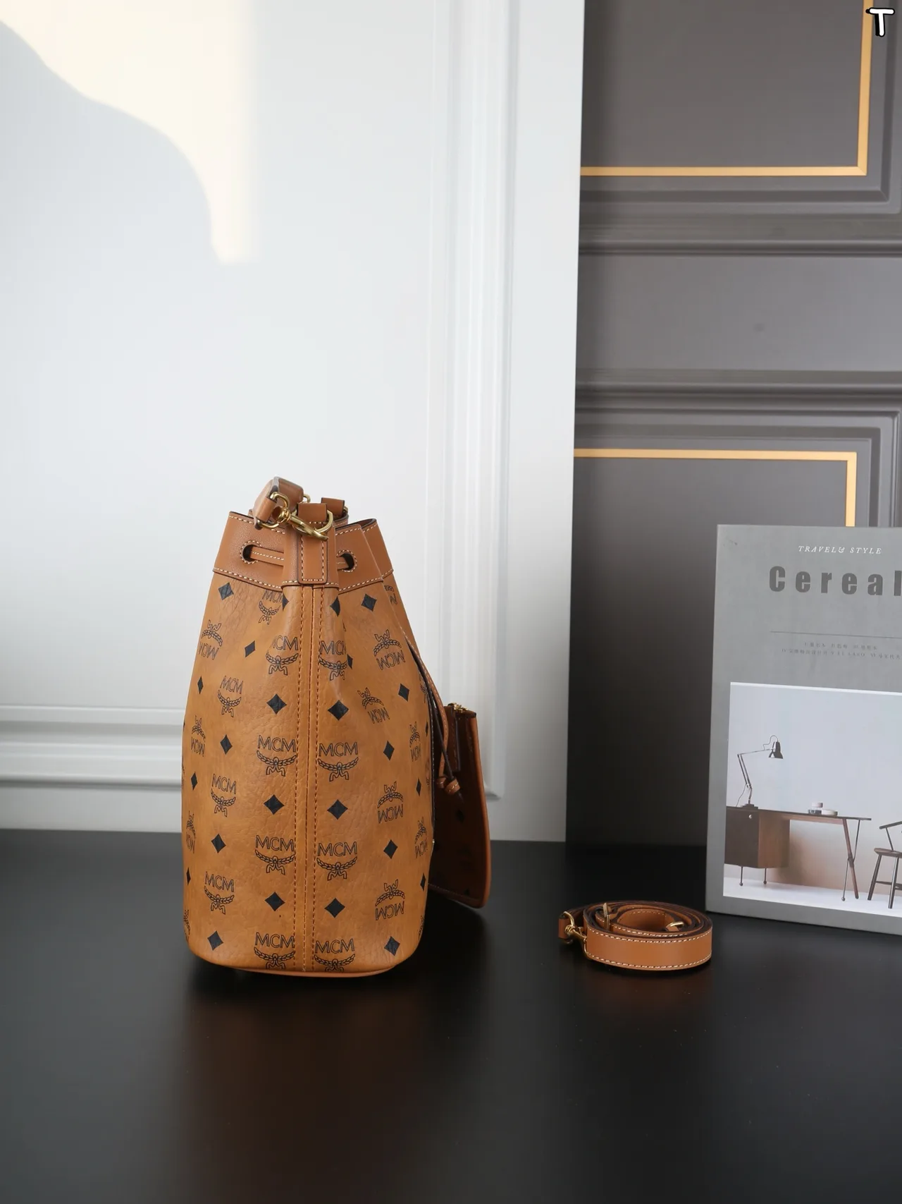 MCM Dessau Bucket Bag with Detachable Pouch in Brown · view 3