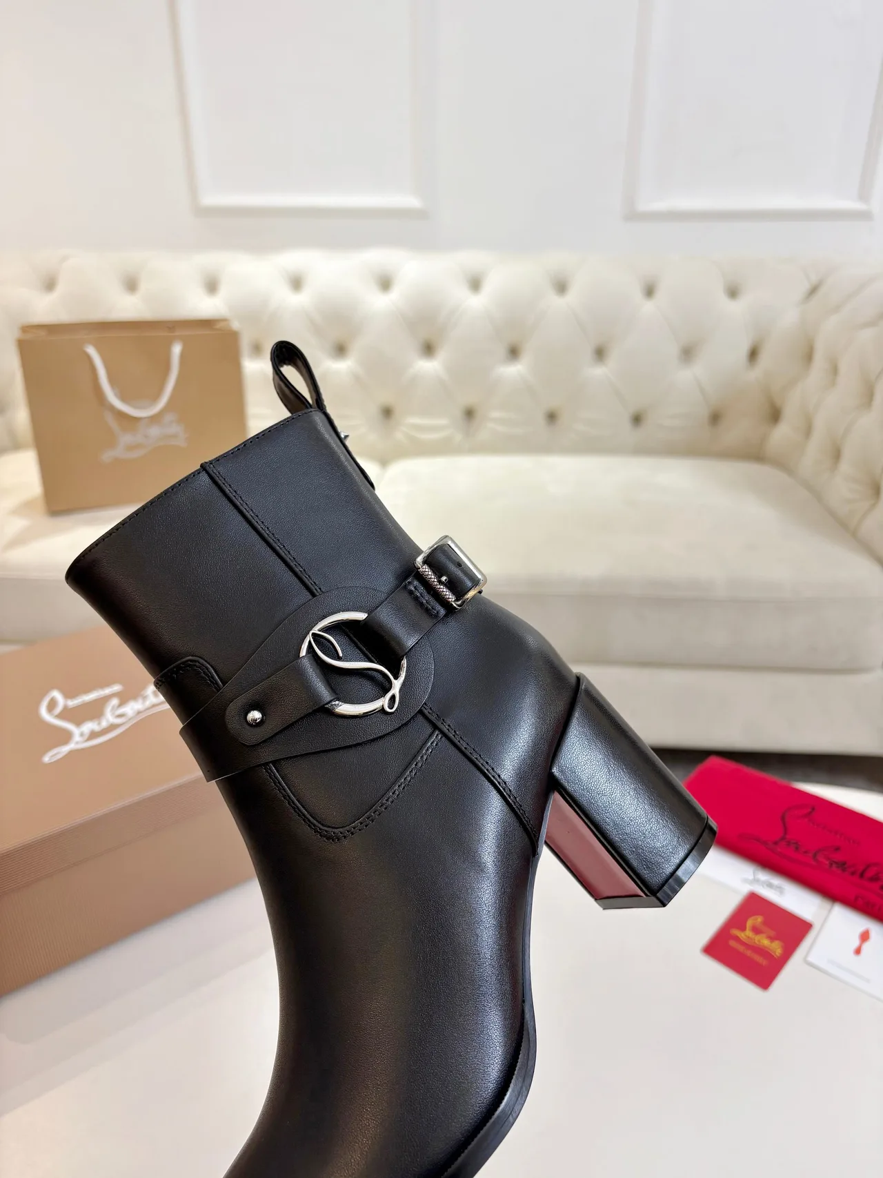 Christian Louboutin Calfskin Glossy Buckle Ankle Boots in Black · view 7