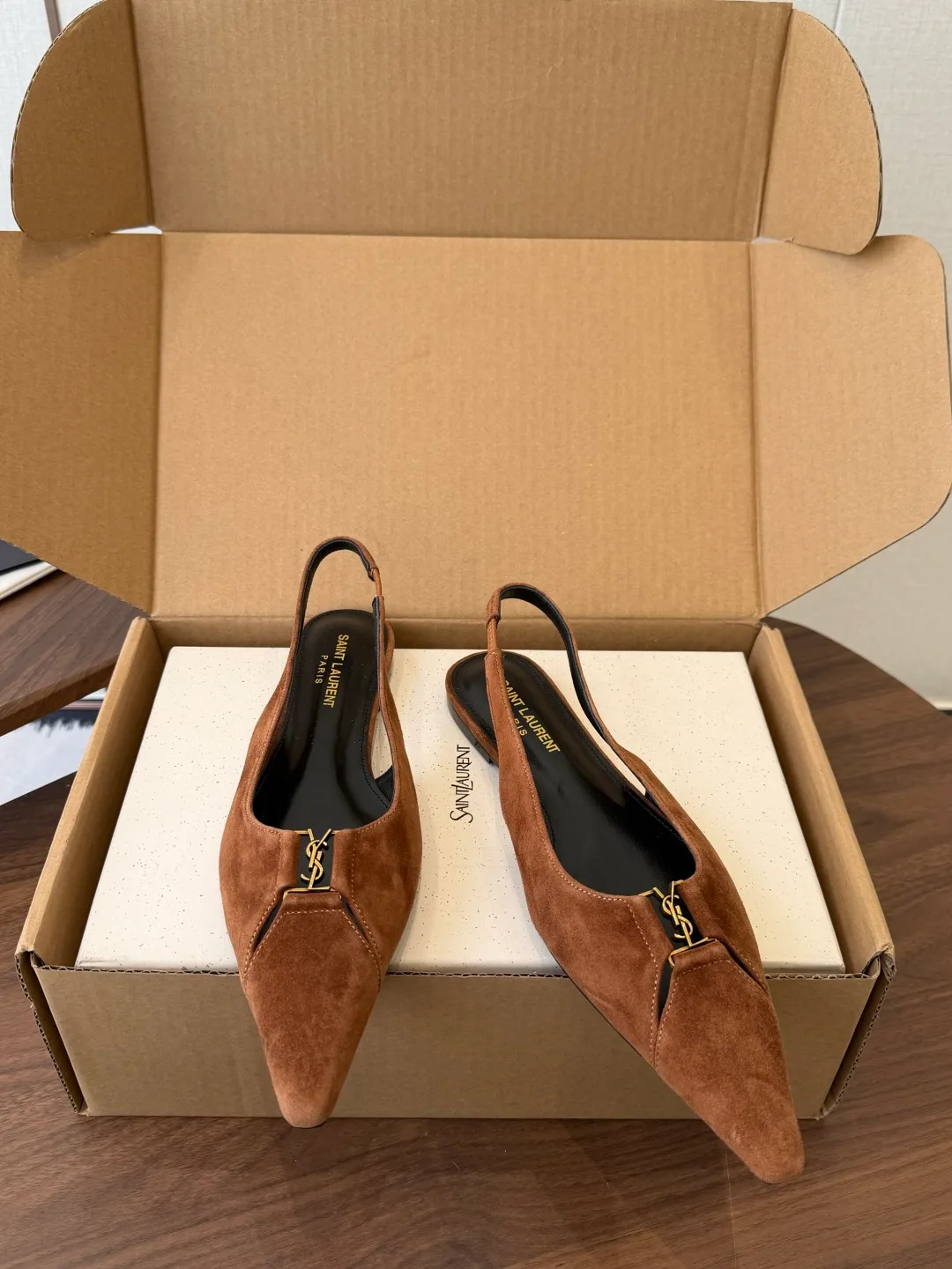 Saint Laurent Sheepskin Suede-Look Pointed-Toe Slingback Shoes in Brown · view 3