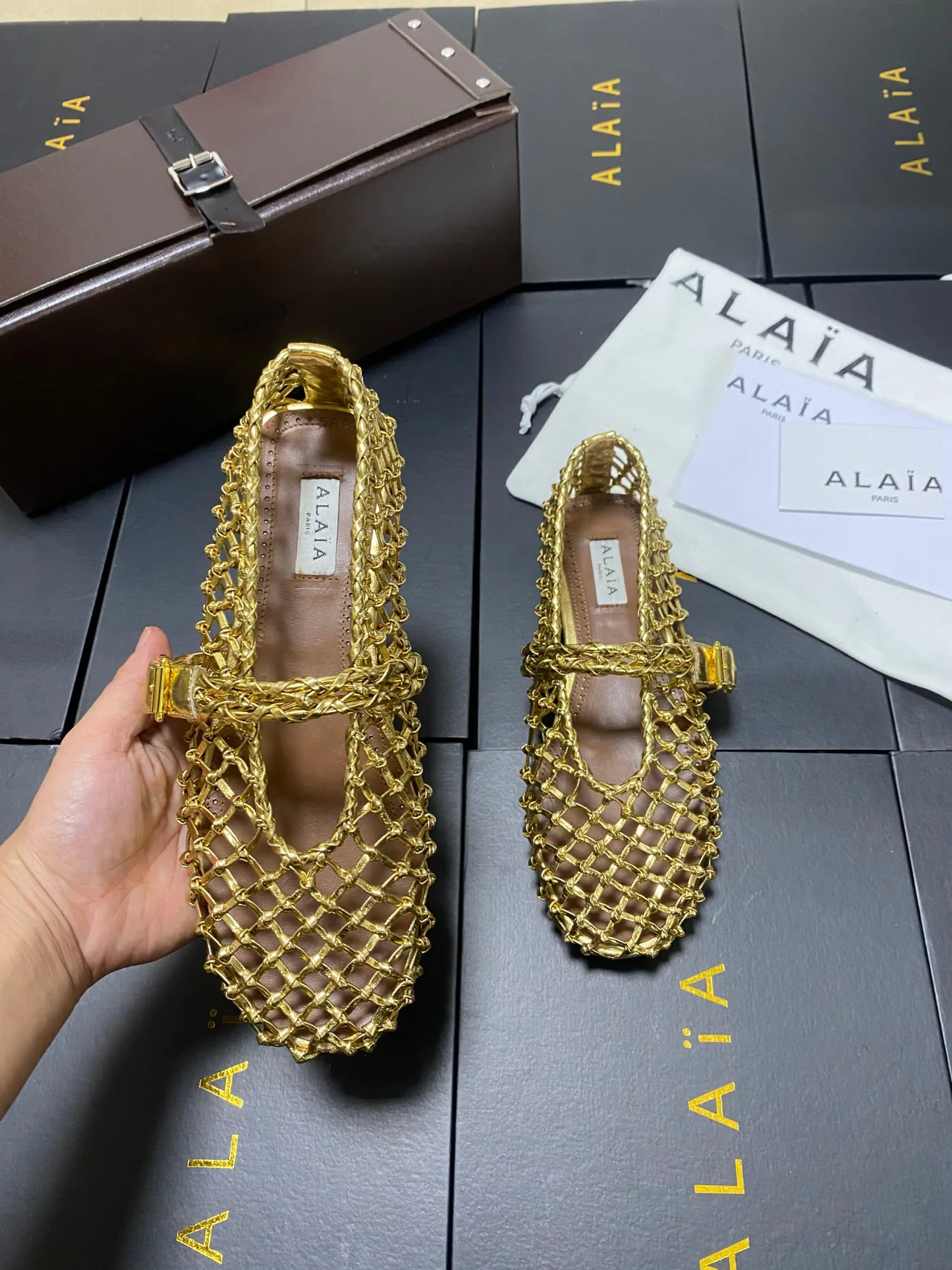 Alaia Cowhide Sheepskin Square-Toe Mary Jane Flats in Gold · view 7