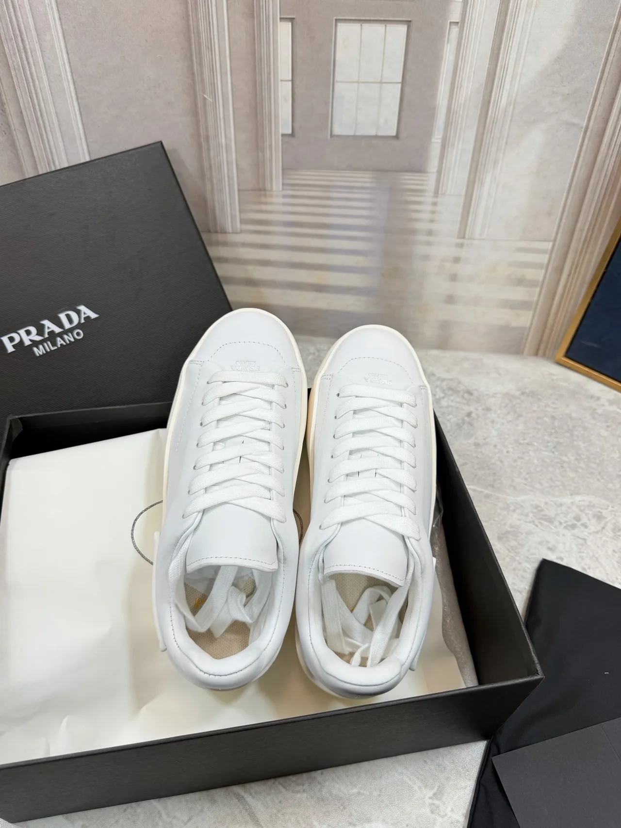 Prada Cowhide Smooth Low-Top Sneakers in White · view 8