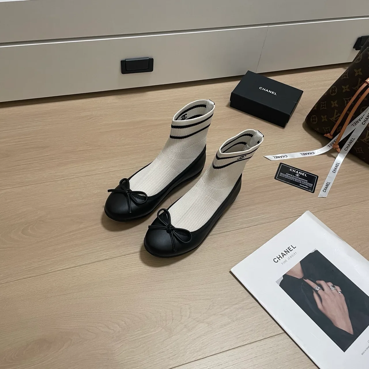 Chanel Cap-toe knit ankle boots in Cream & Brown & White & Red & Beige & Black · view 3