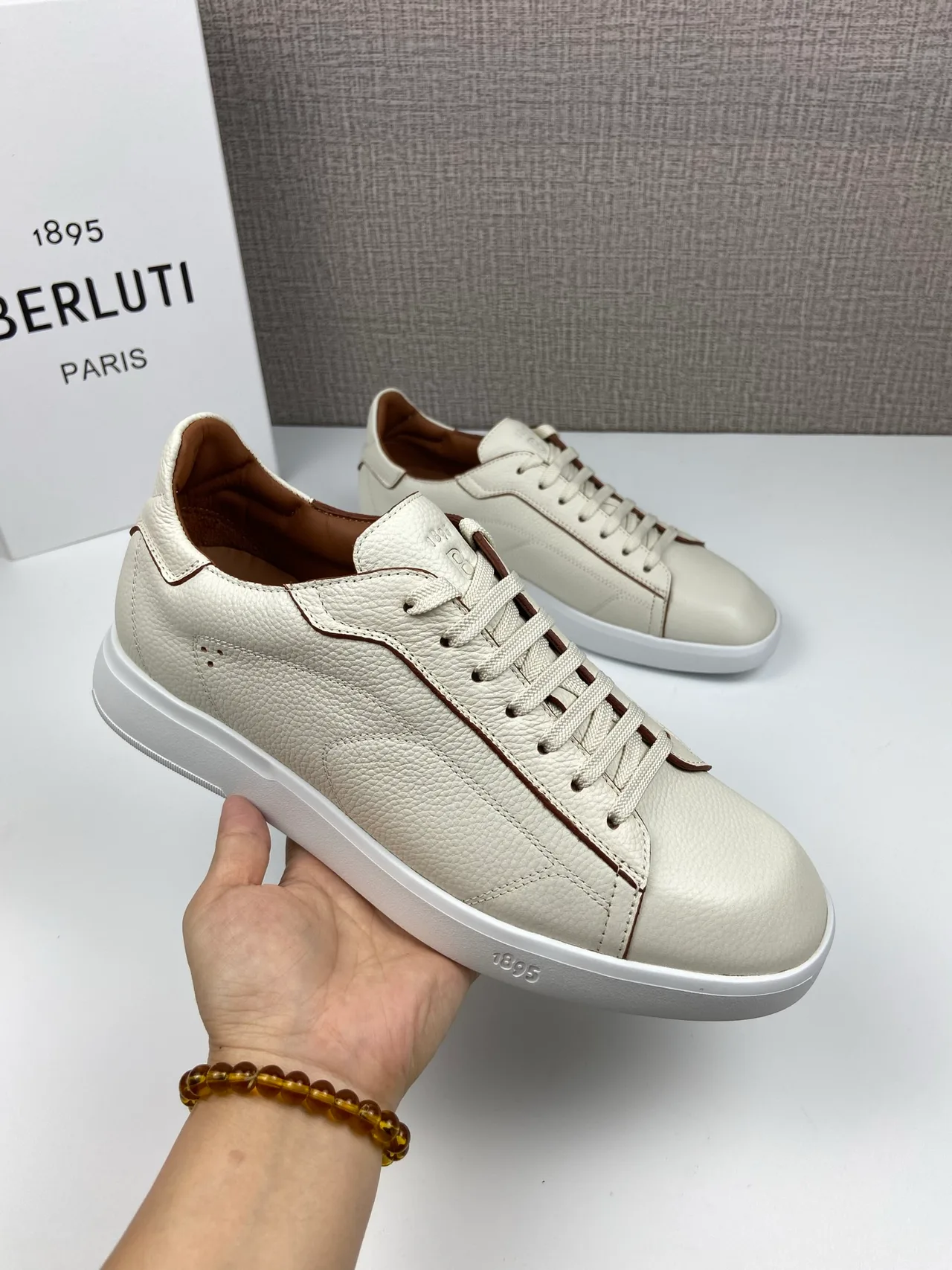 Berluti Leather Smooth Round-Toe Lace-Up Sneakers in White · view 1
