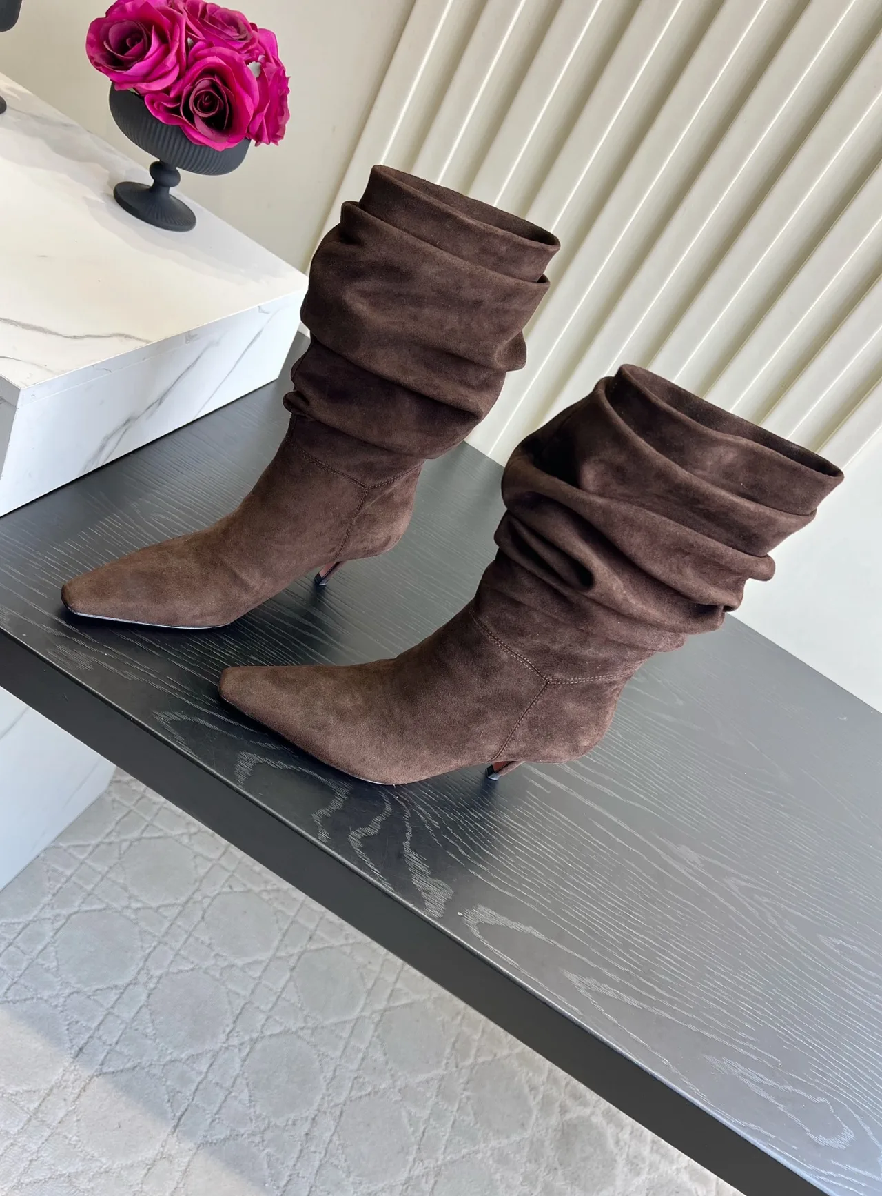 Amina Muaddi Cowhide Ribbed Suede-Look Pointed-Toe Ankle Boots in Brown · view 2