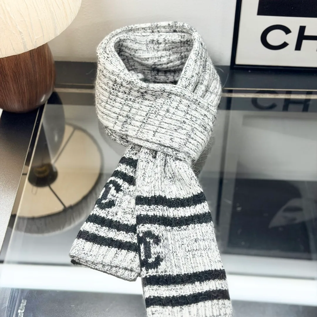 Chanel Wool Striped Beanie and Scarf Set in Grey · view 2