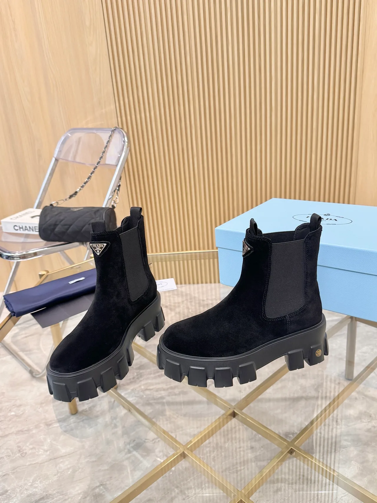 Prada Glossy Ankle Boots in Black · view 2