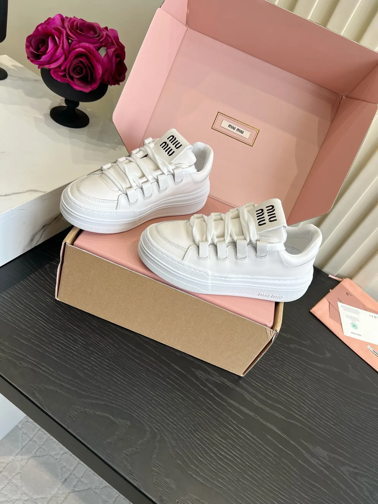 Miu Miu Cowhide Lace-Up Sneakers in White · view 2