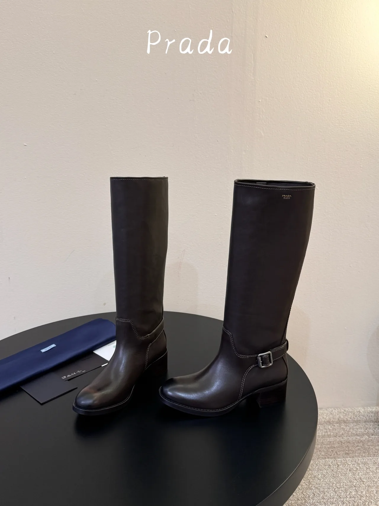 Prada Cowhide Glossy Pointed-Toe Buckle Knee-High Boots in Brown · view 3