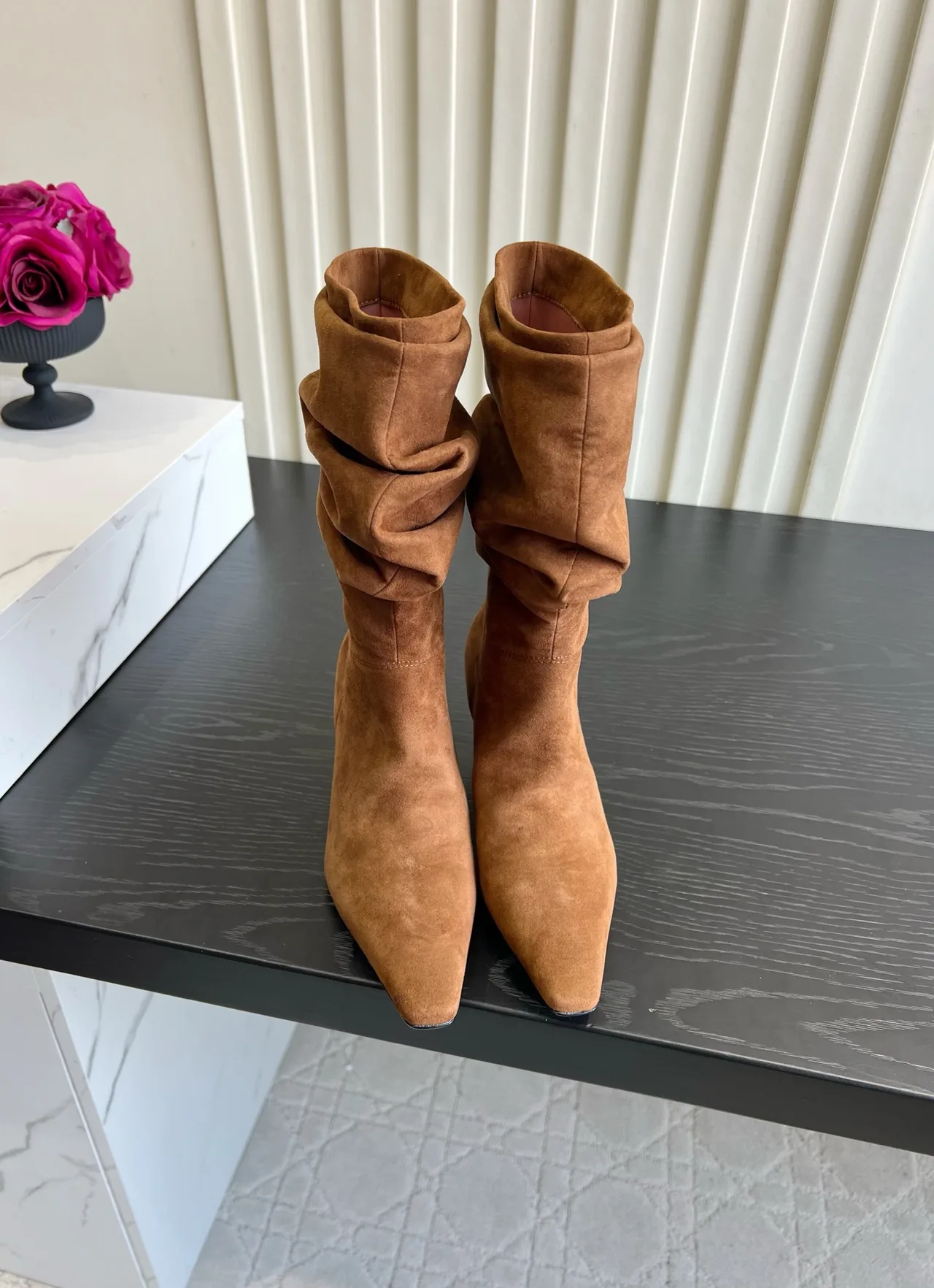 Amina Muaddi Cowhide Glossy Pointed-Toe Knee-High Boots in Tan · view 1
