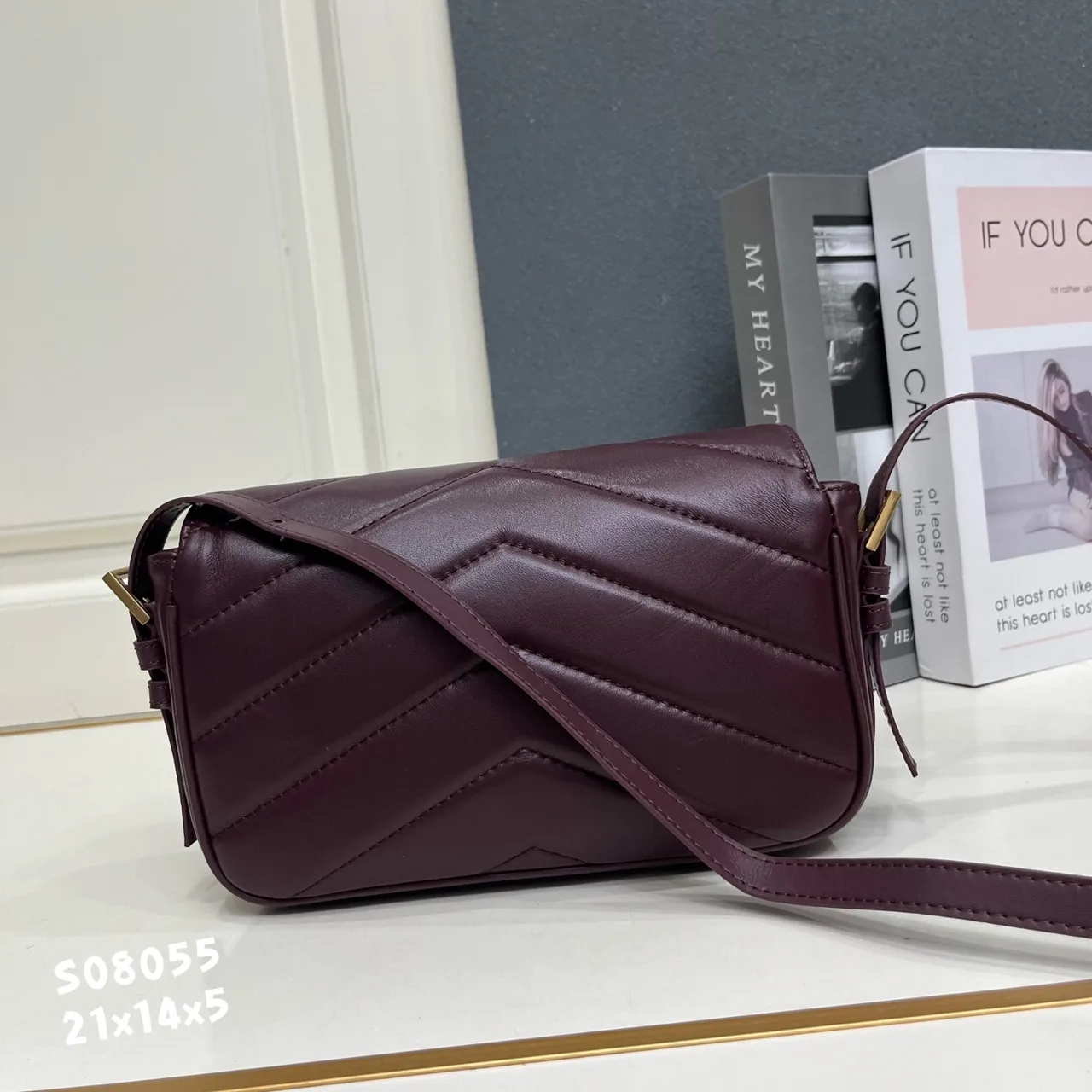 Saint Laurent Sheepskin Quilted Glossy Crossbody Bag in Burgundy · view 2