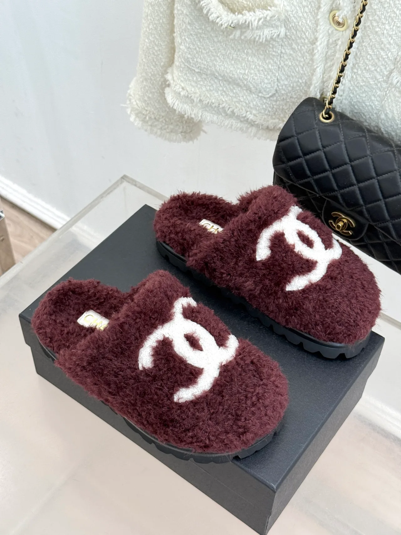 Chanel Denim Slippers in Burgundy · view 3