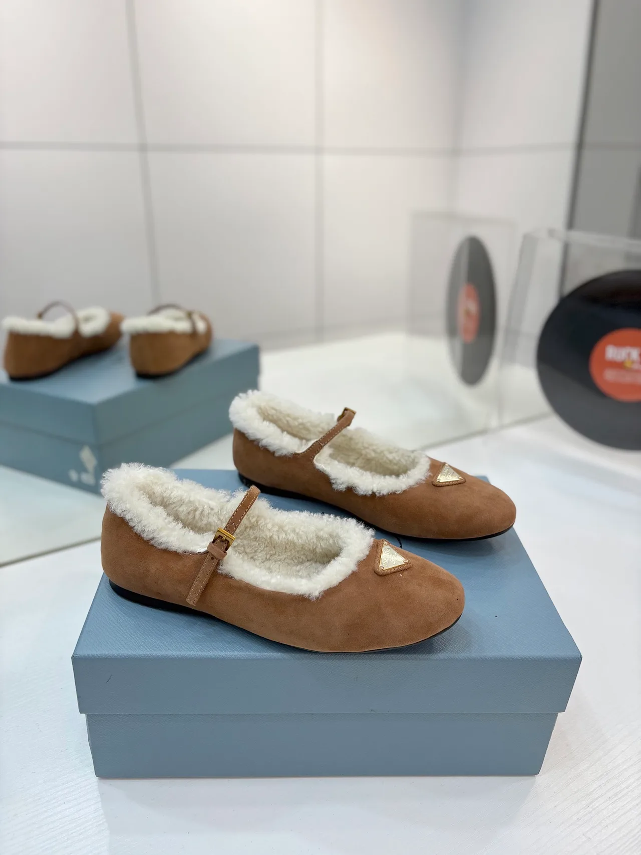 Prada Fur-Lined Mary Jane Flats in Brown · view 1
