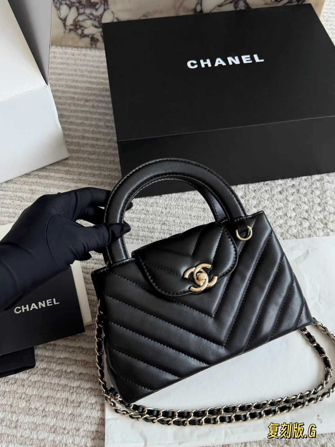 Chanel Lambskin Quilted Top-Handle Bag in Black · view 6