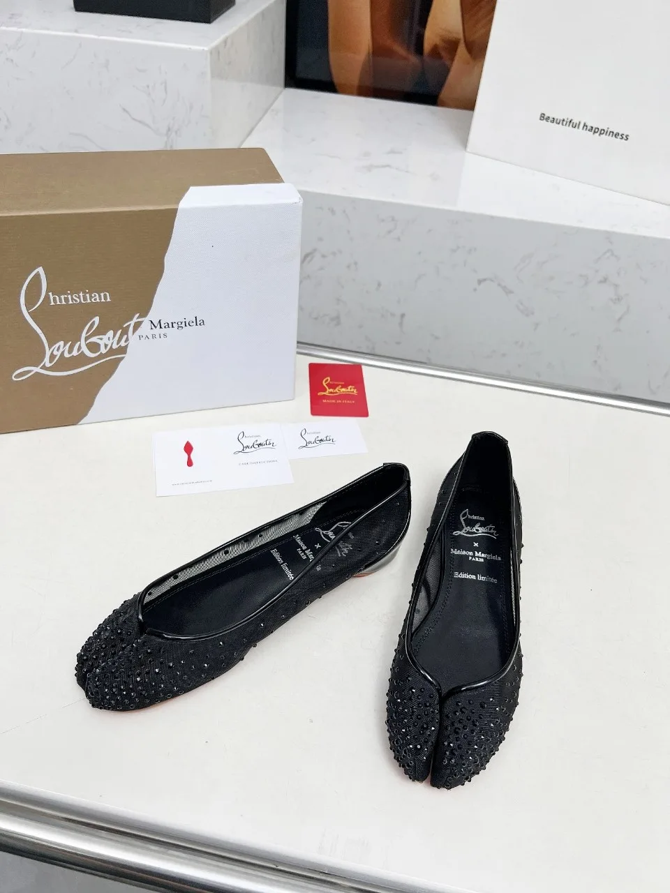 Christian Louboutin Sheepskin Glossy Pointed-Toe Split Toe Flats in Black · view 4