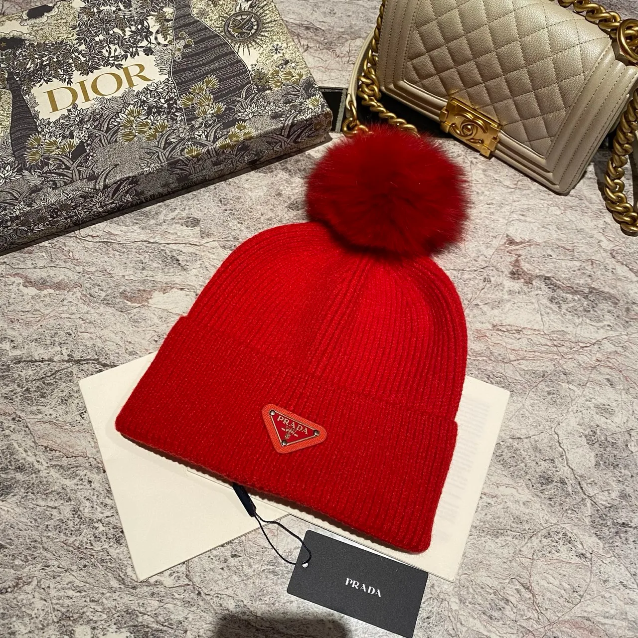 Prada Pom-Pom Beanie in Black & White & Cream & Tan & Grey & Red · view 6