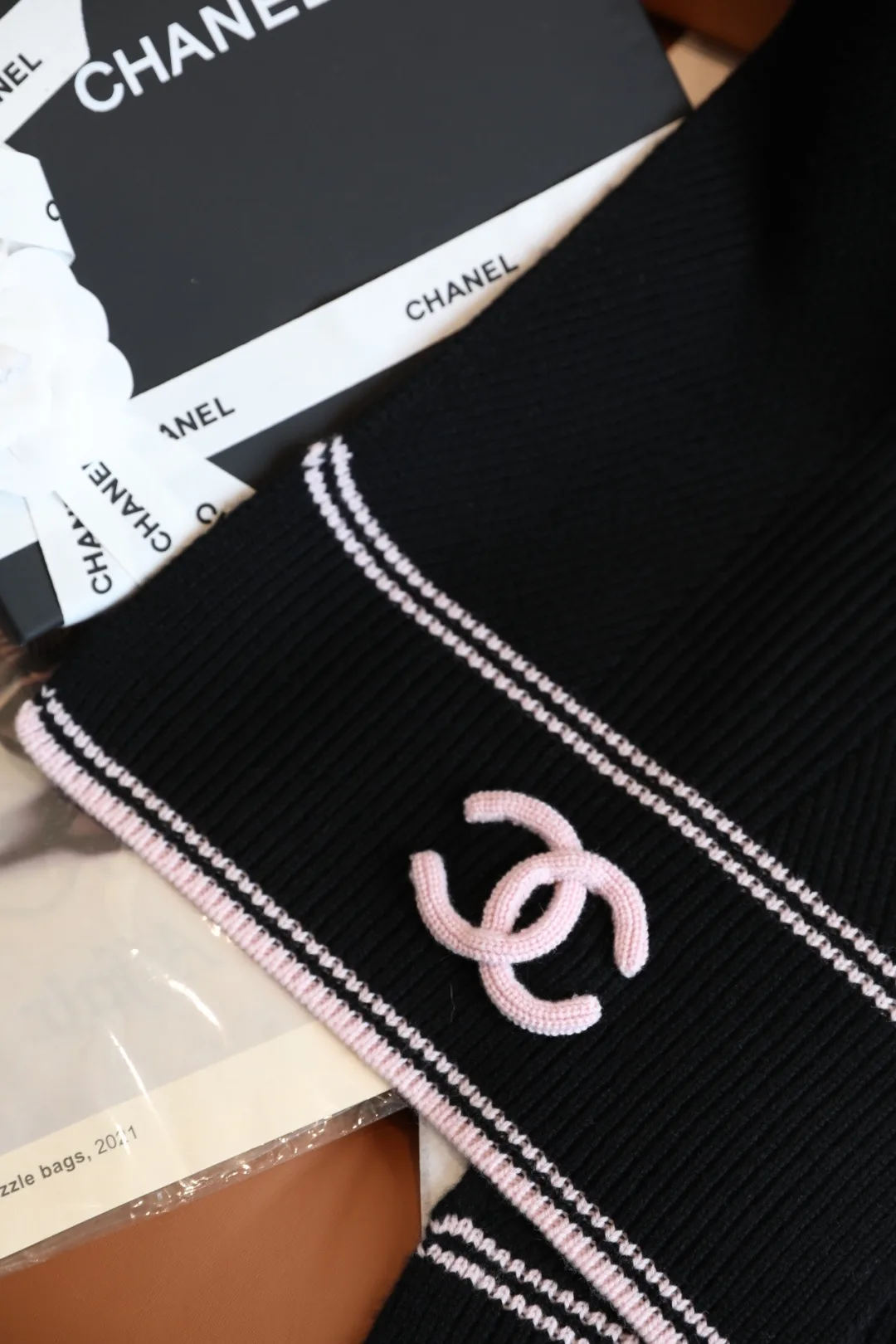Chanel Wool Cashmere Striped Scarf in Black · view 7