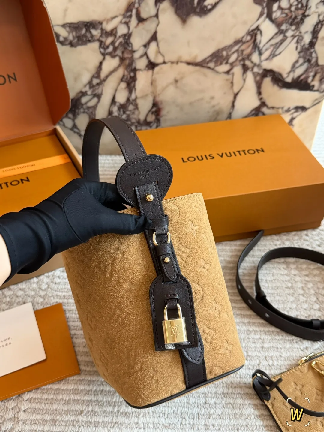 Louis Vuitton Suede Monogram Bucket Bag in Tan · view 2