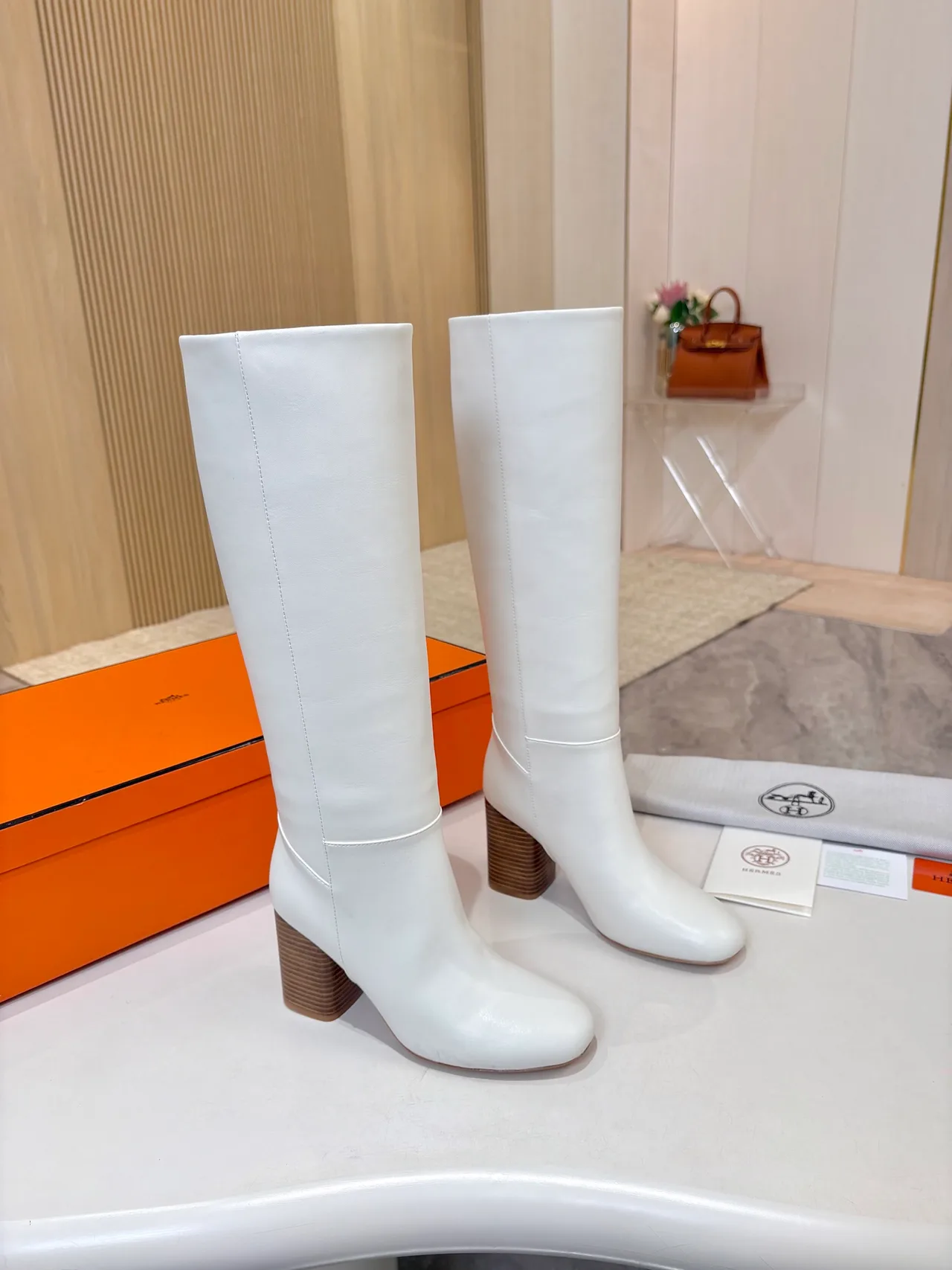 Hermes Cowhide Glossy Knee-High Boots in White · view 4