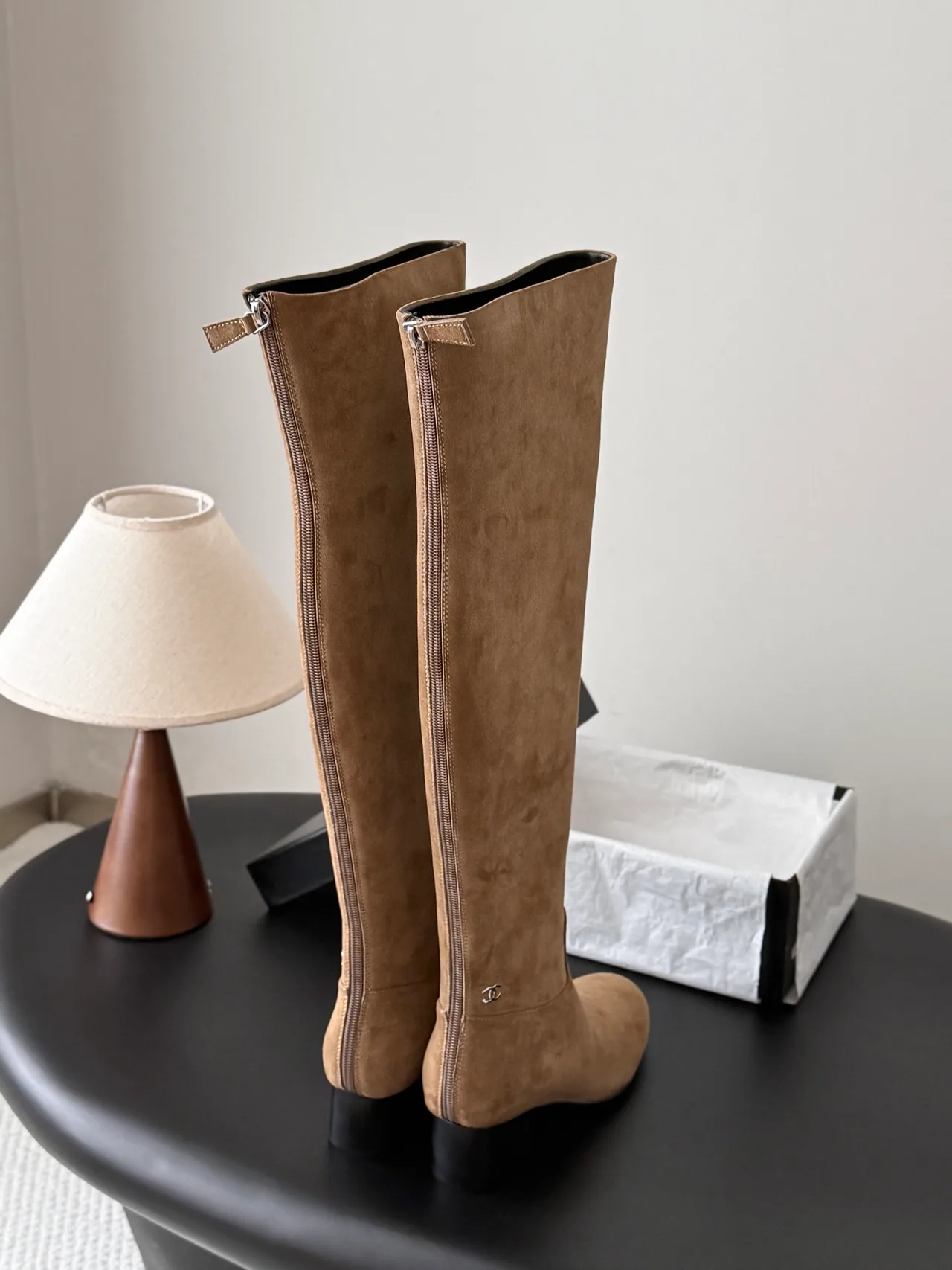 Chanel Sheepskin Matte Suede-Look Knee-High Boots in Tan · view 3
