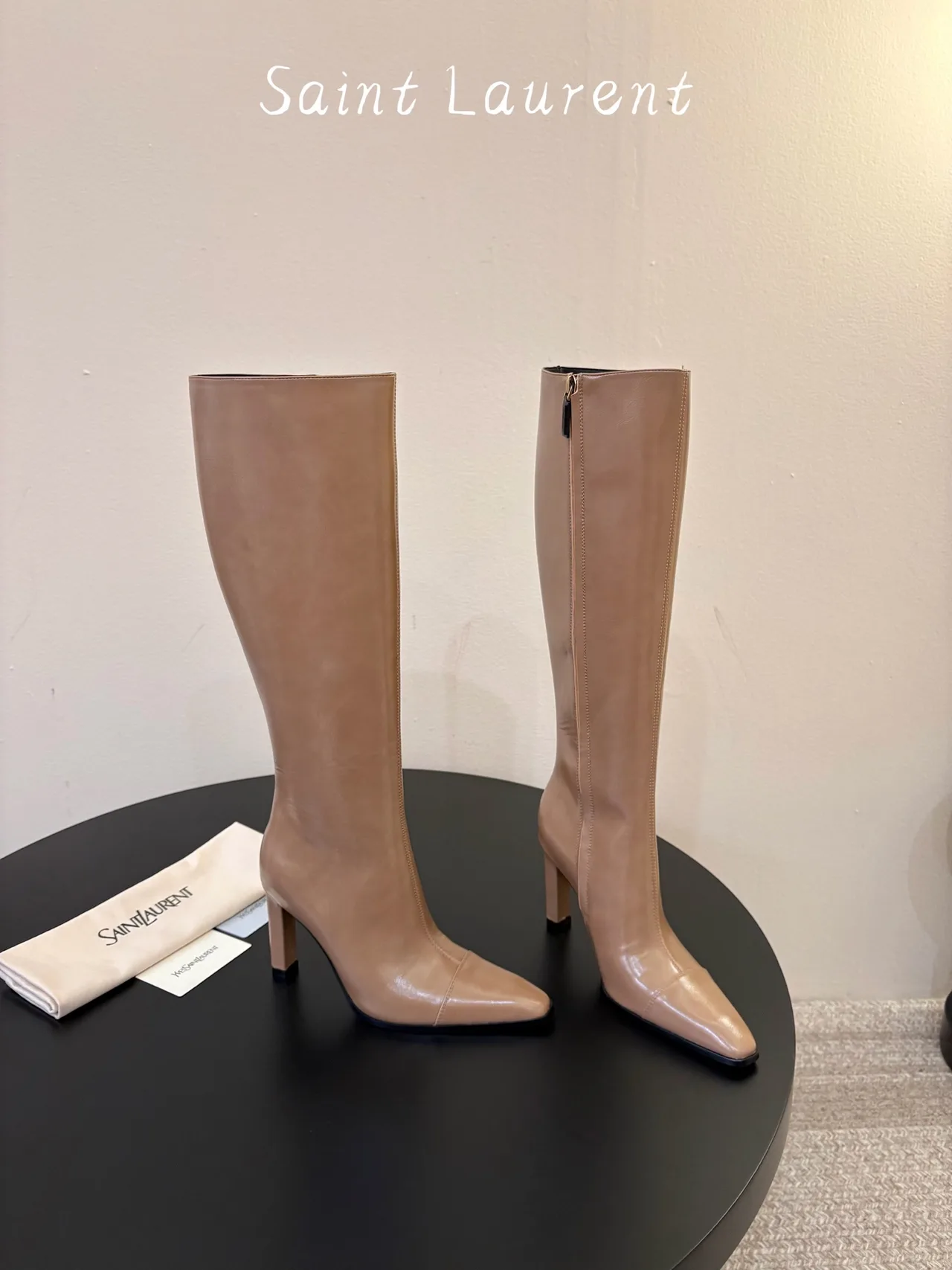 Saint Laurent Cowhide Sheepskin Glossy Pointed-Toe Knee-High Boots in Beige · view 4