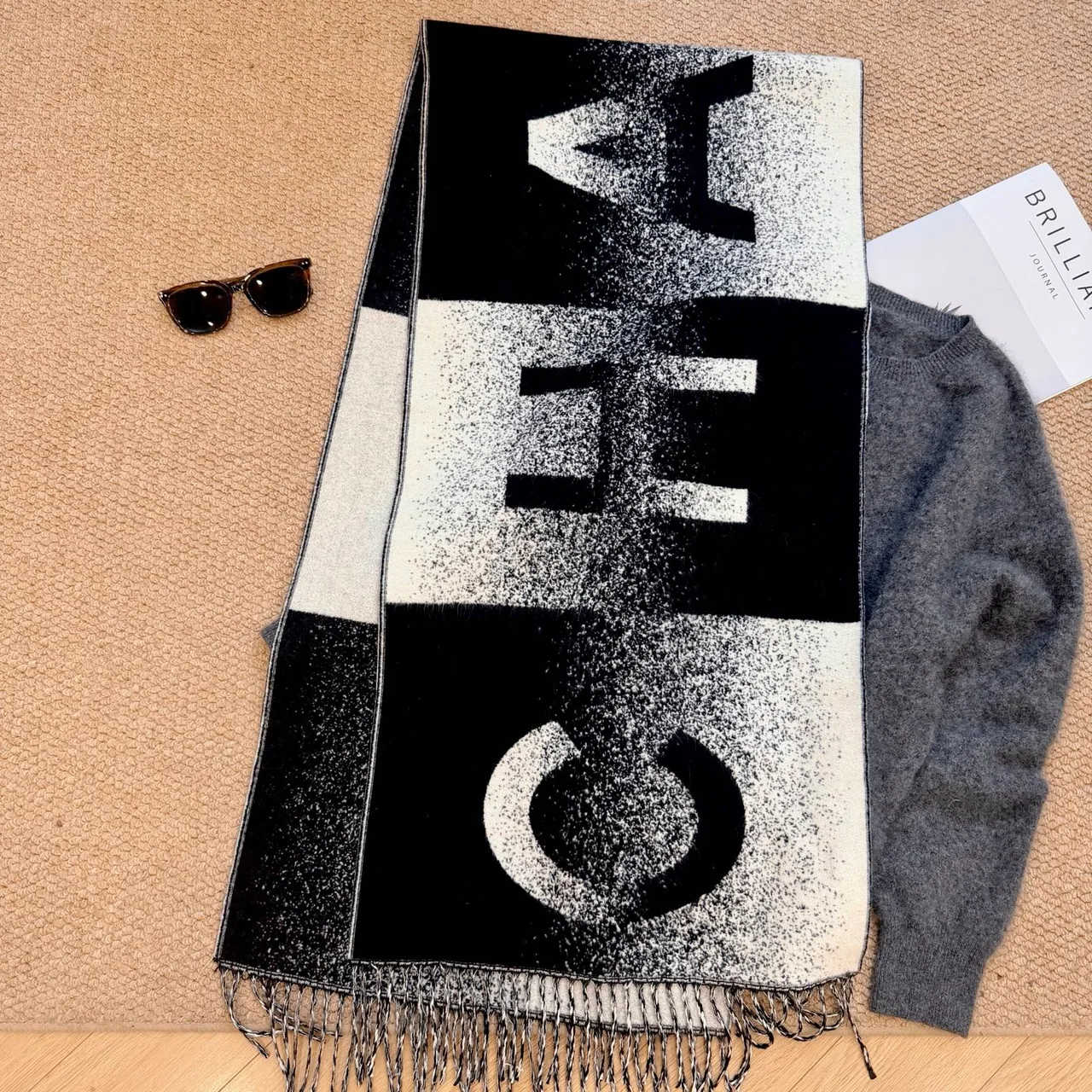 Chanel Cashmere Large Letter Fringed Scarf in Black · view 7