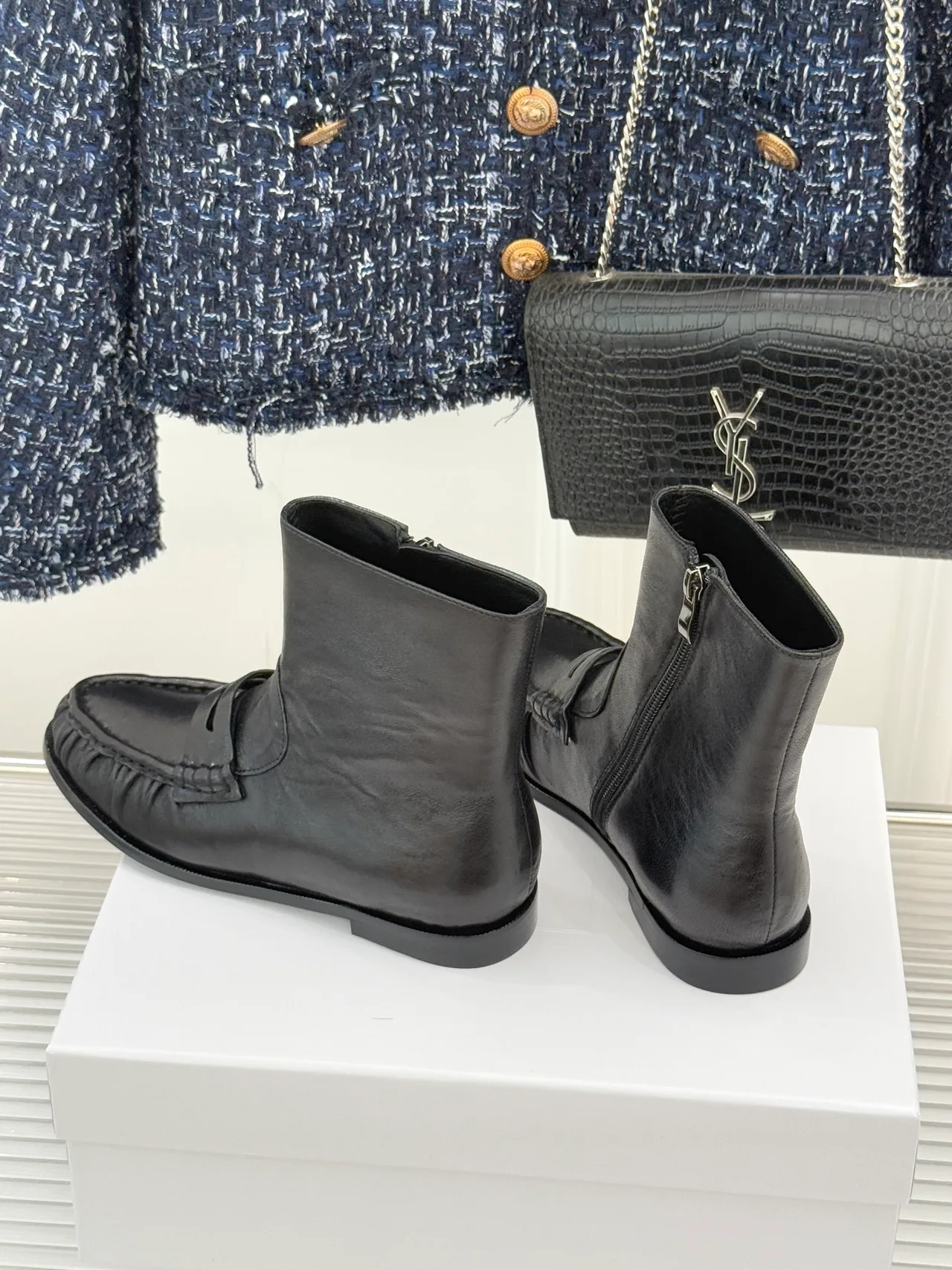 Saint Laurent Glossy Round-Toe Loafer Ankle Boots in Black · view 5